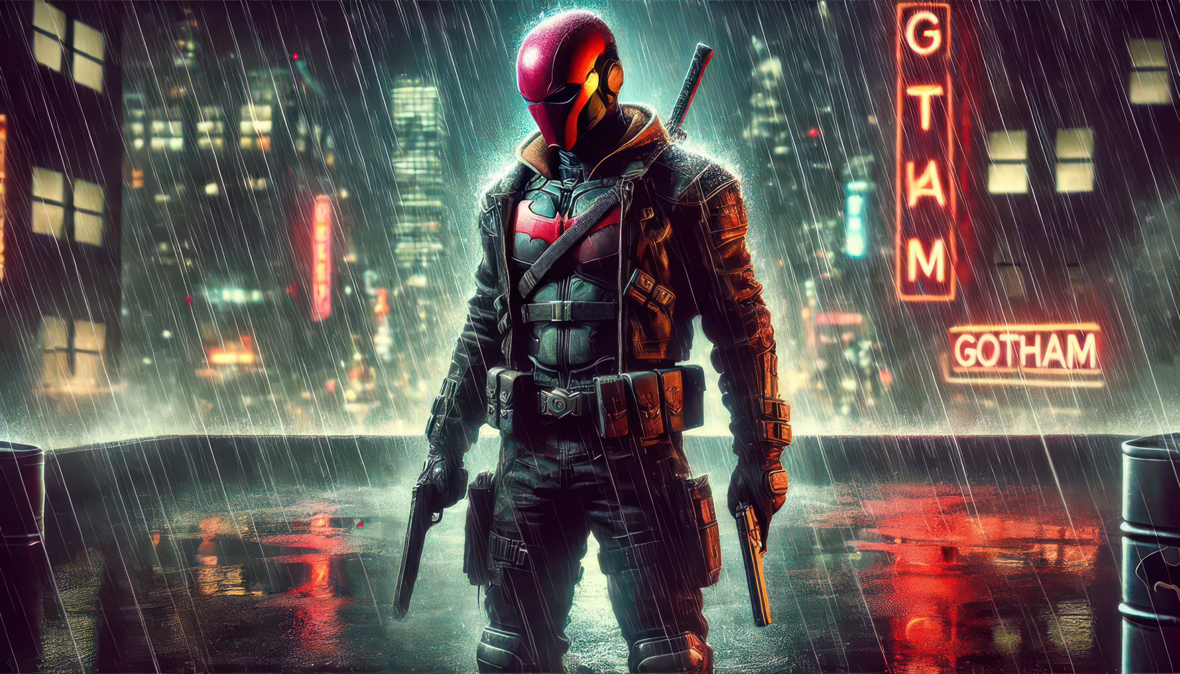 Red Hood in Gotham City during a rainstorm HD Wallpaper