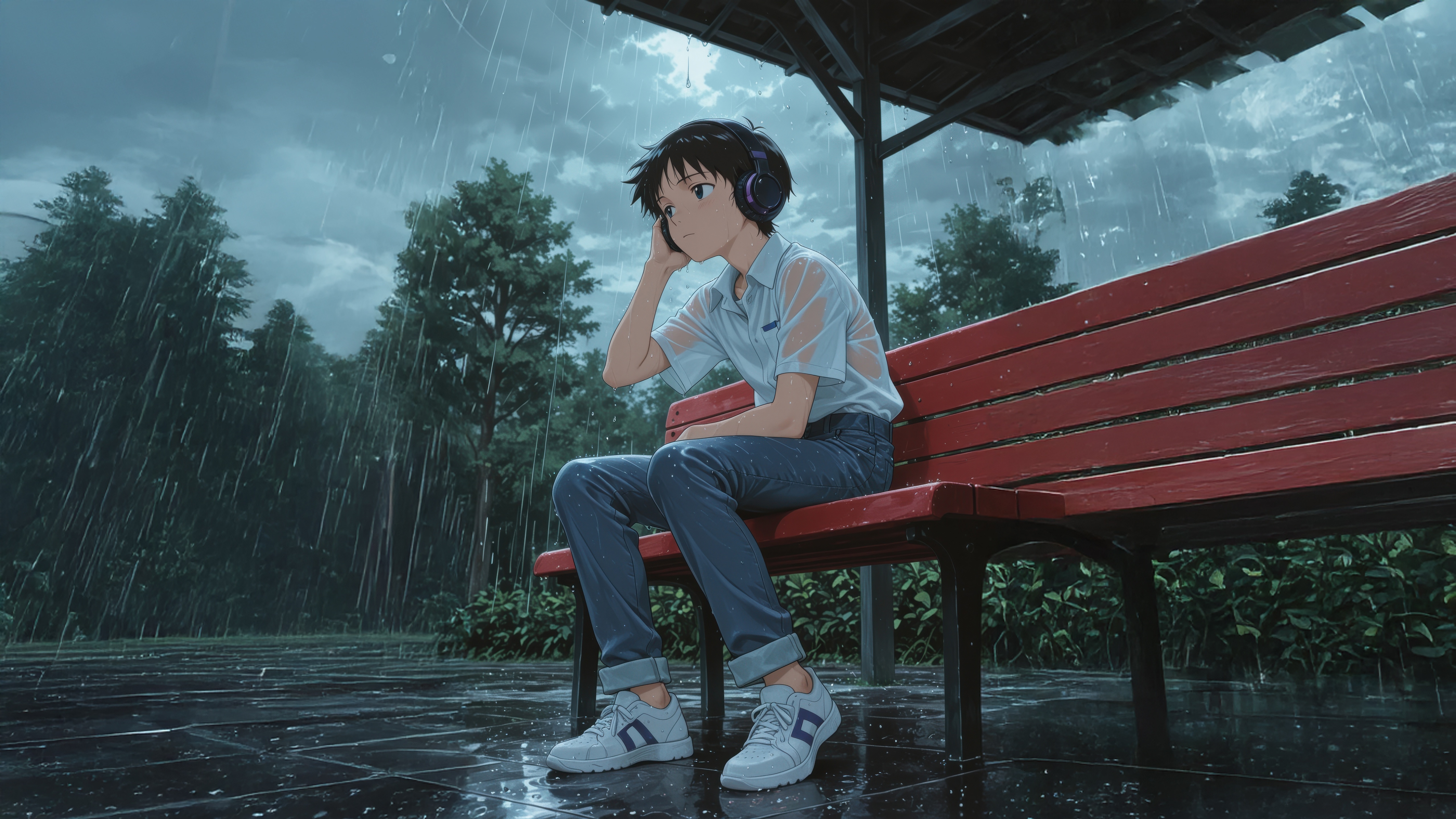 Anime boy listening to headphones in the rain HD Wallpaper