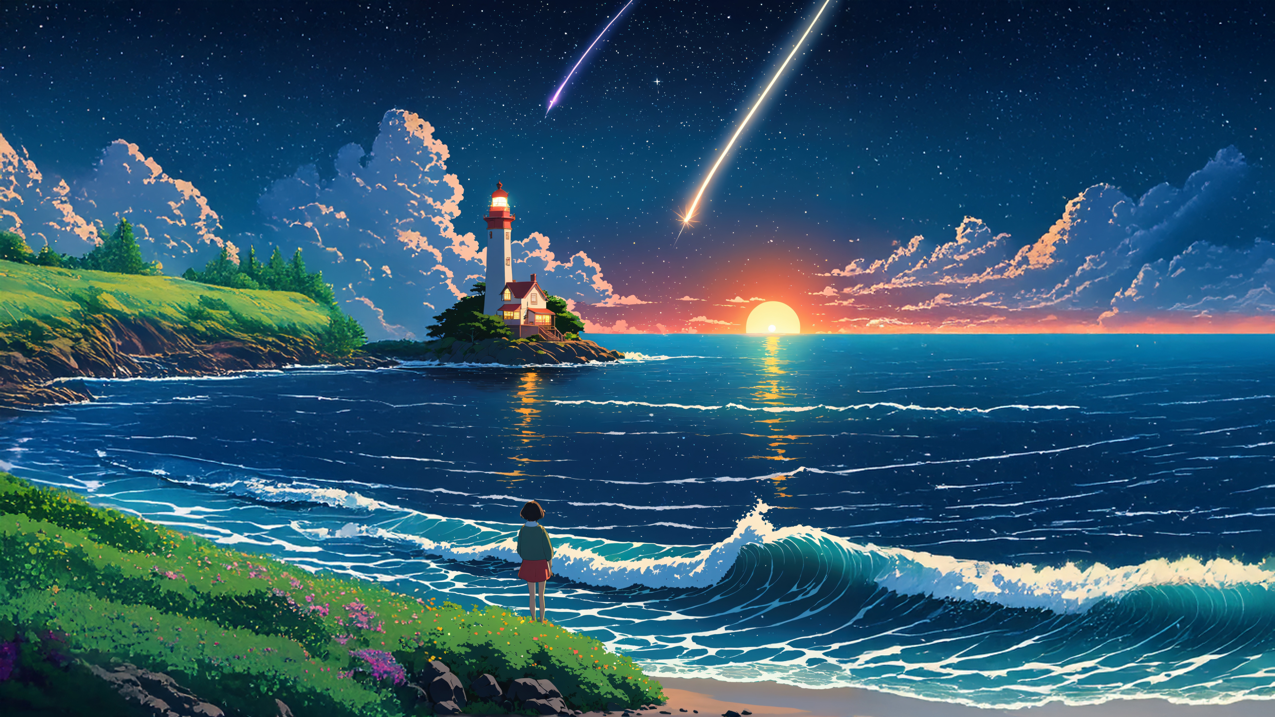 Sunset over the ocean with a lighthouse and shooting stars HD Wallpaper