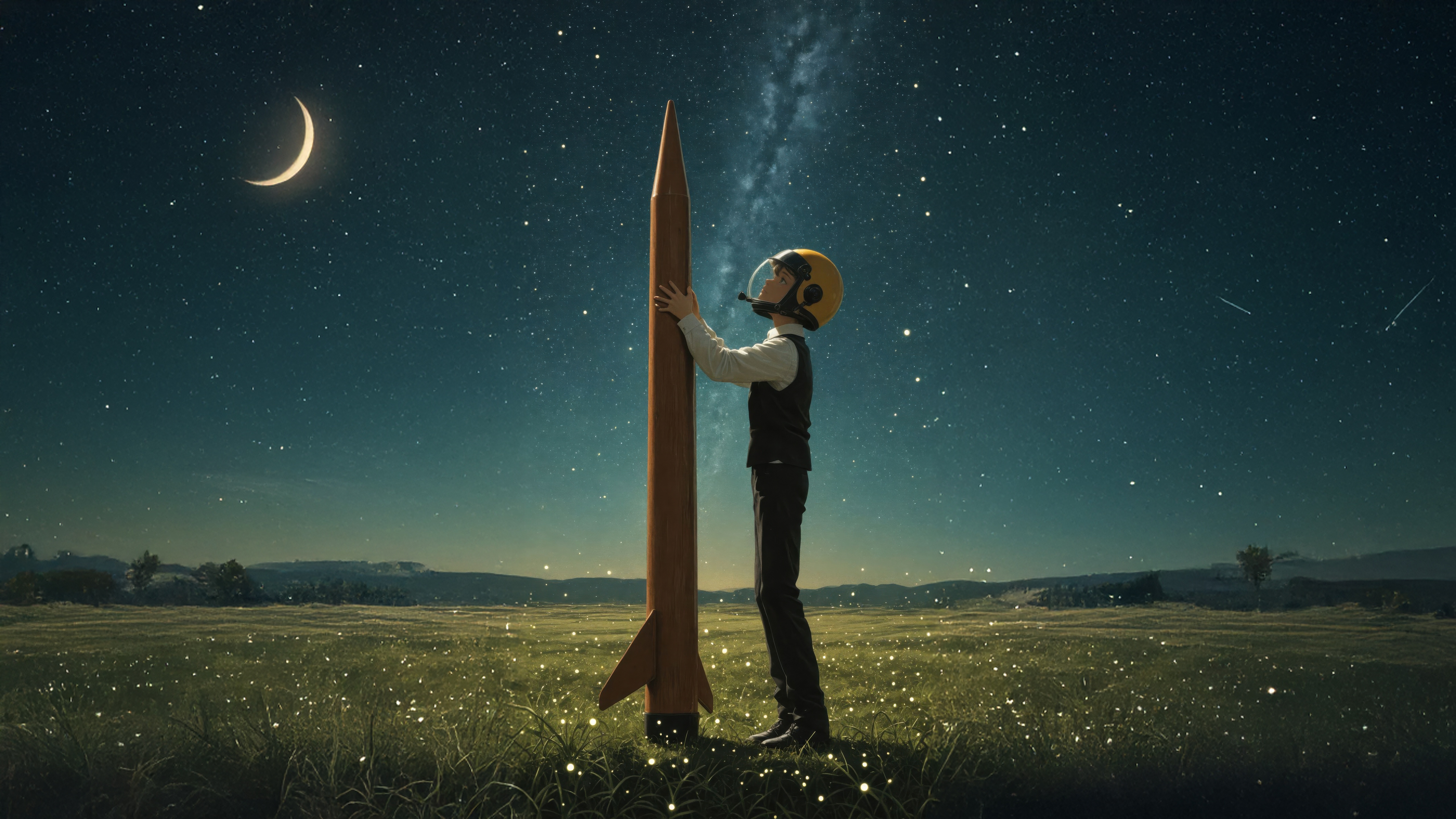 Child in astronaut helmet with rocket under starry sky HD Wallpaper