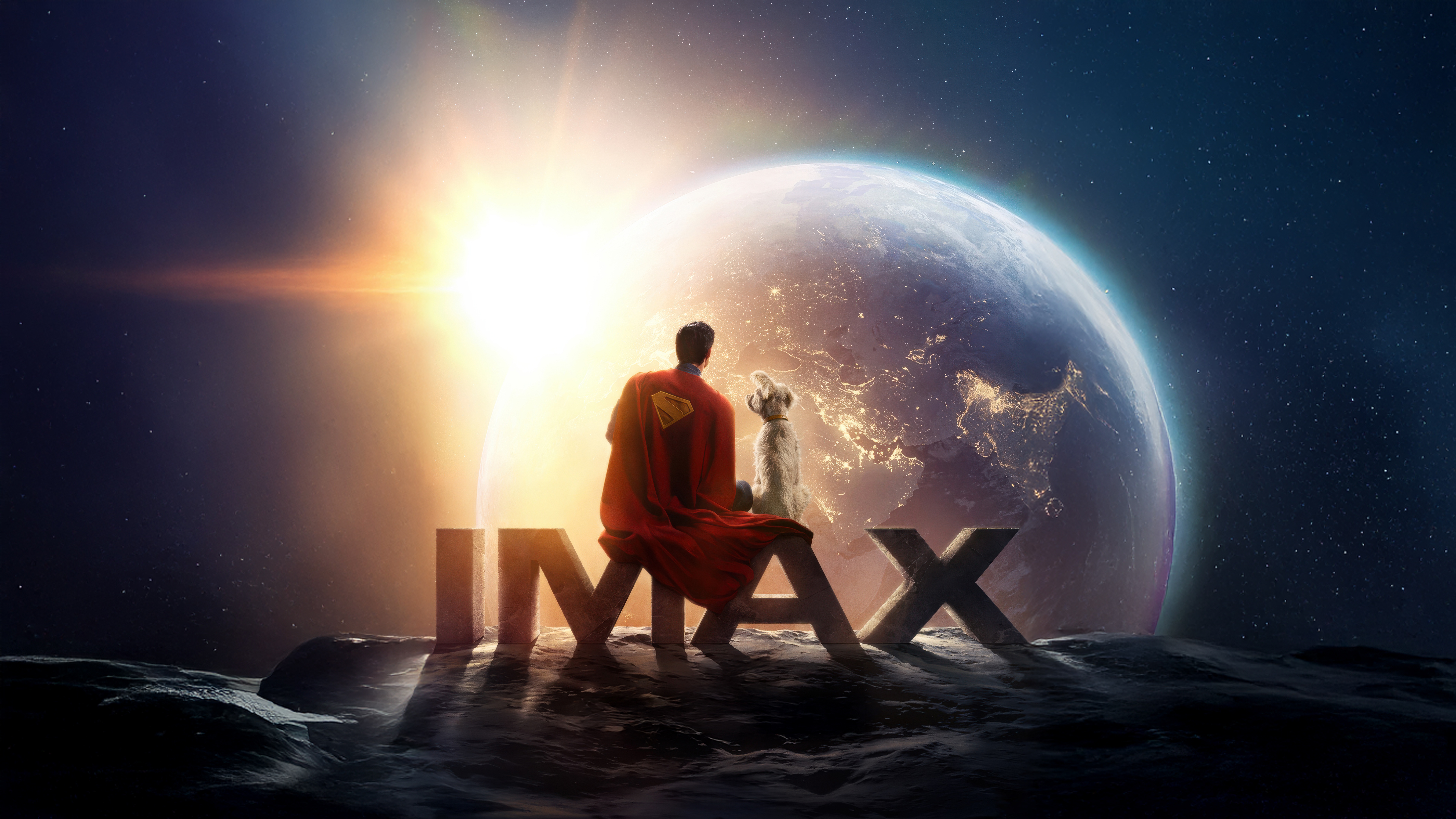 Superman and Krypto sit on IMAX letters overlooking Earth HD Wallpaper