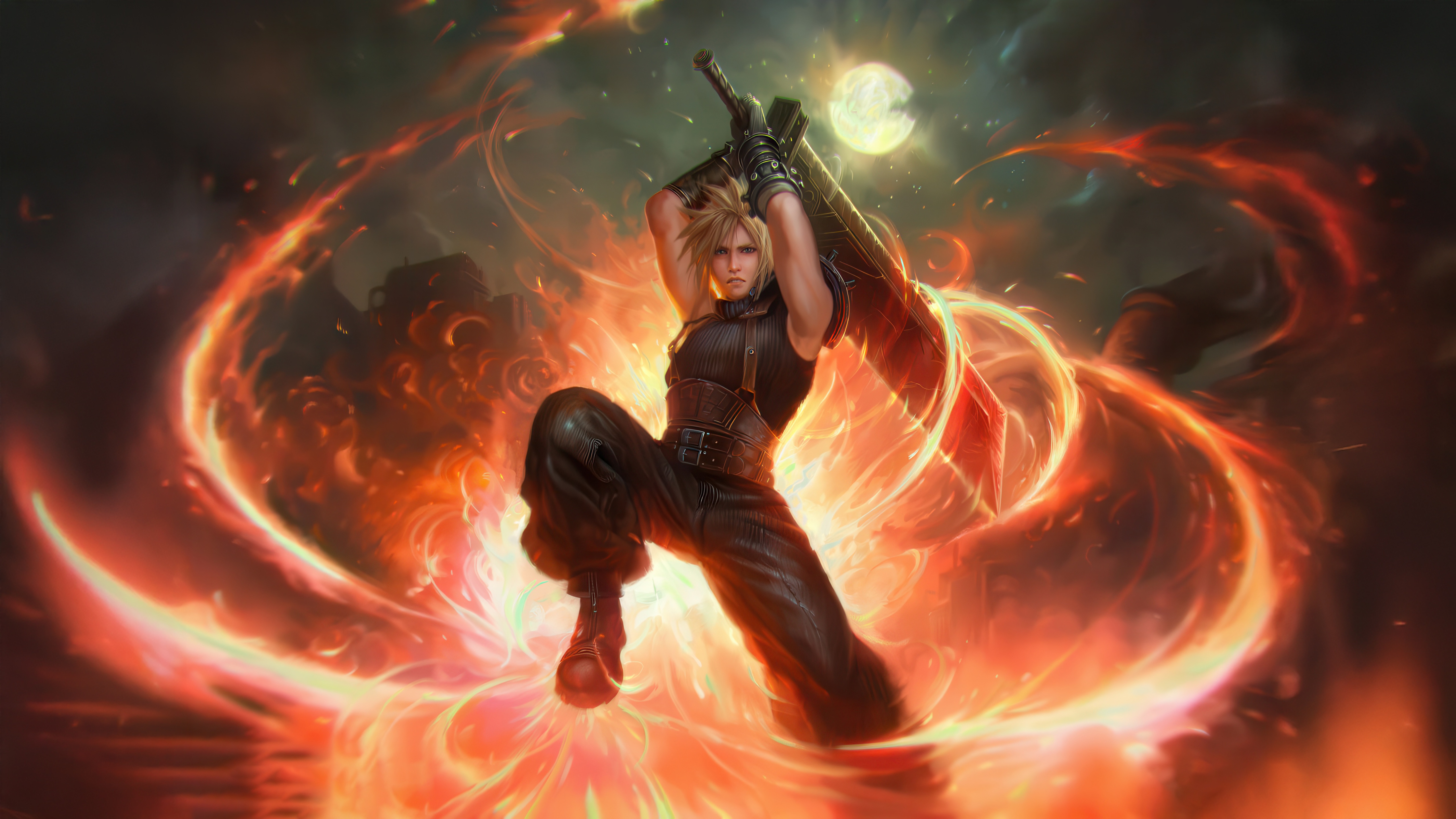 Cloud Strife in Final Fantasy with fiery aura HD Wallpaper