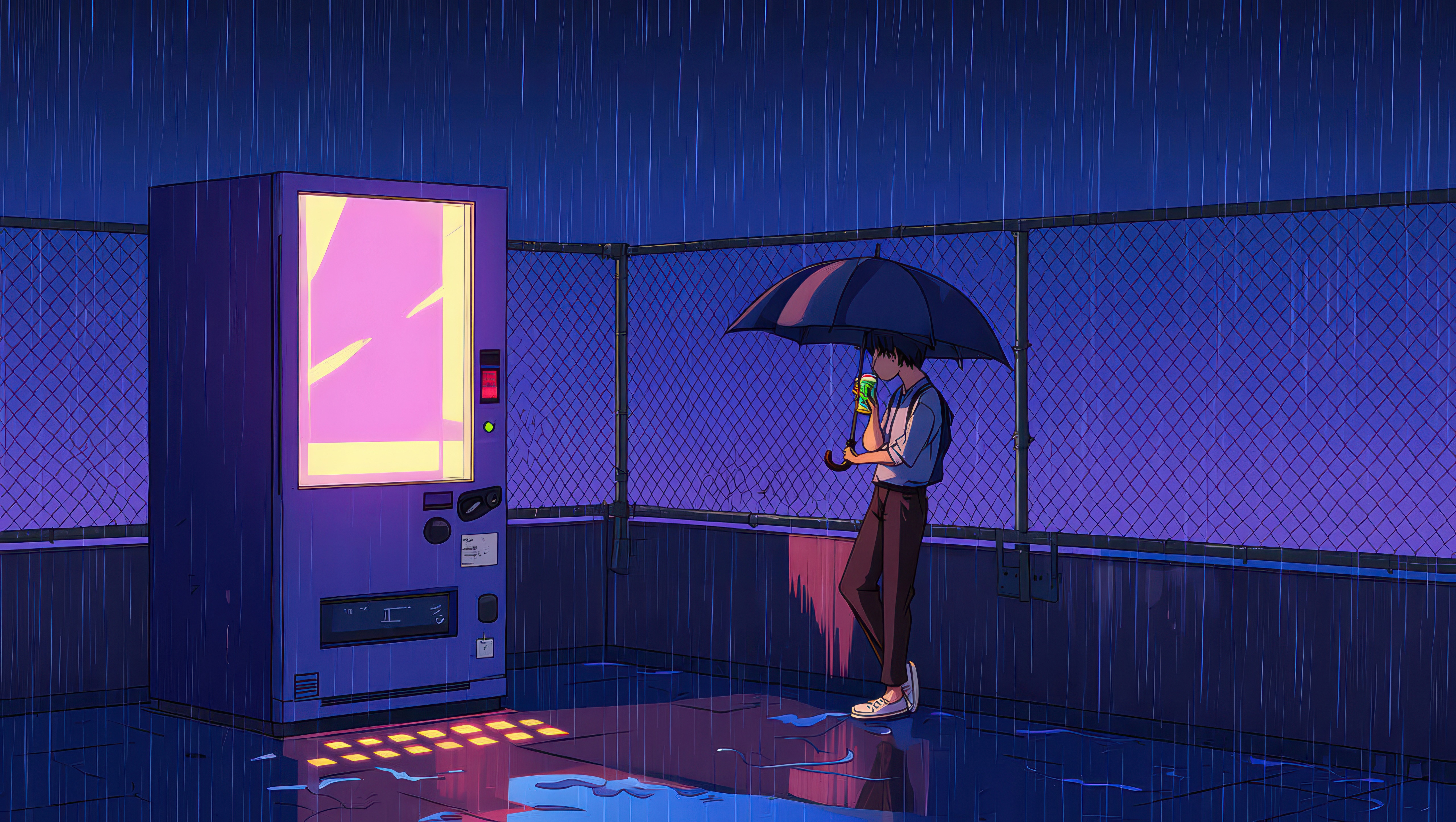Man with Umbrella and Vending Machine in Rain HD Wallpaper
