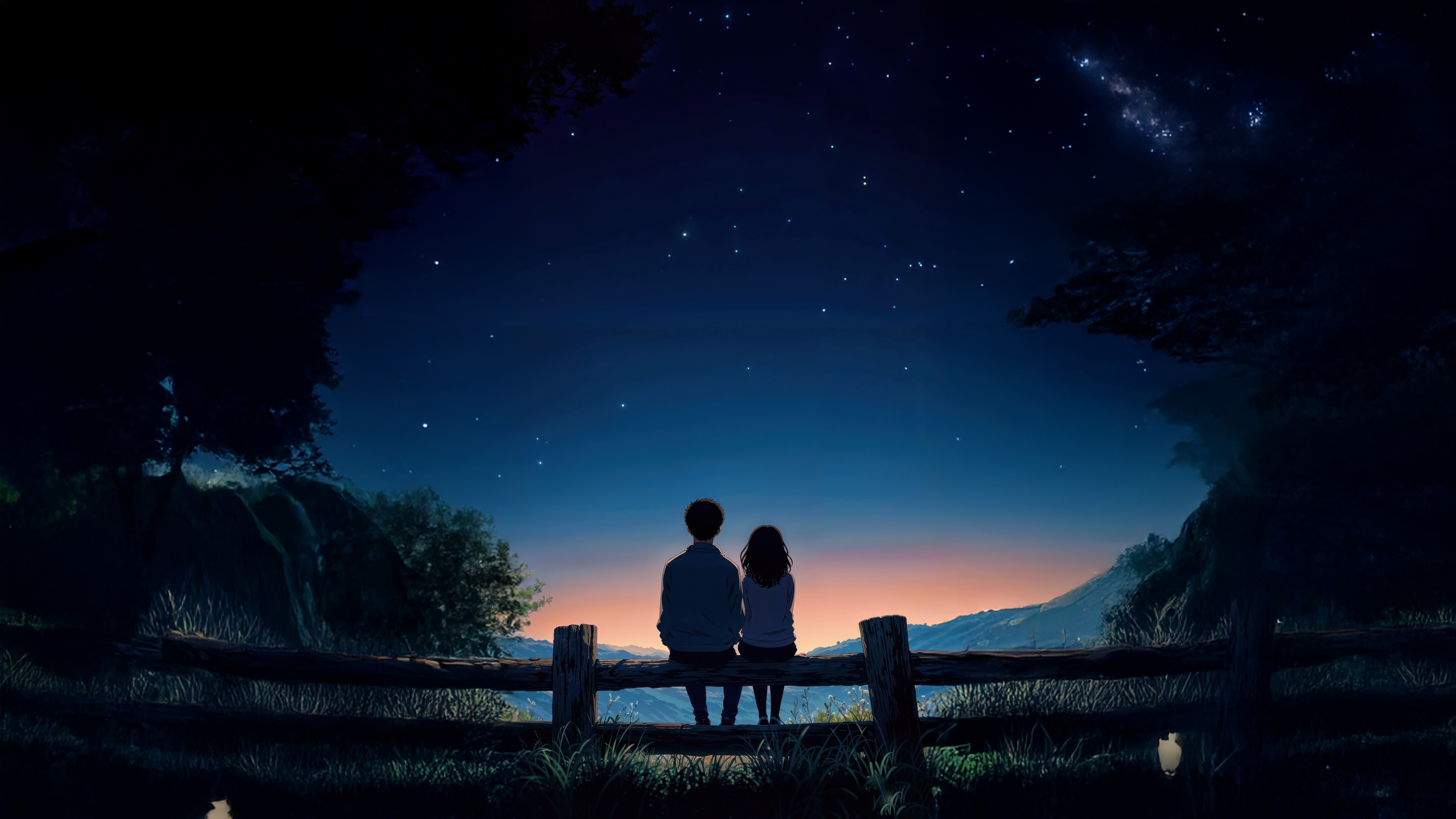 Couple sitting on a fence looking at the stars HD Wallpaper