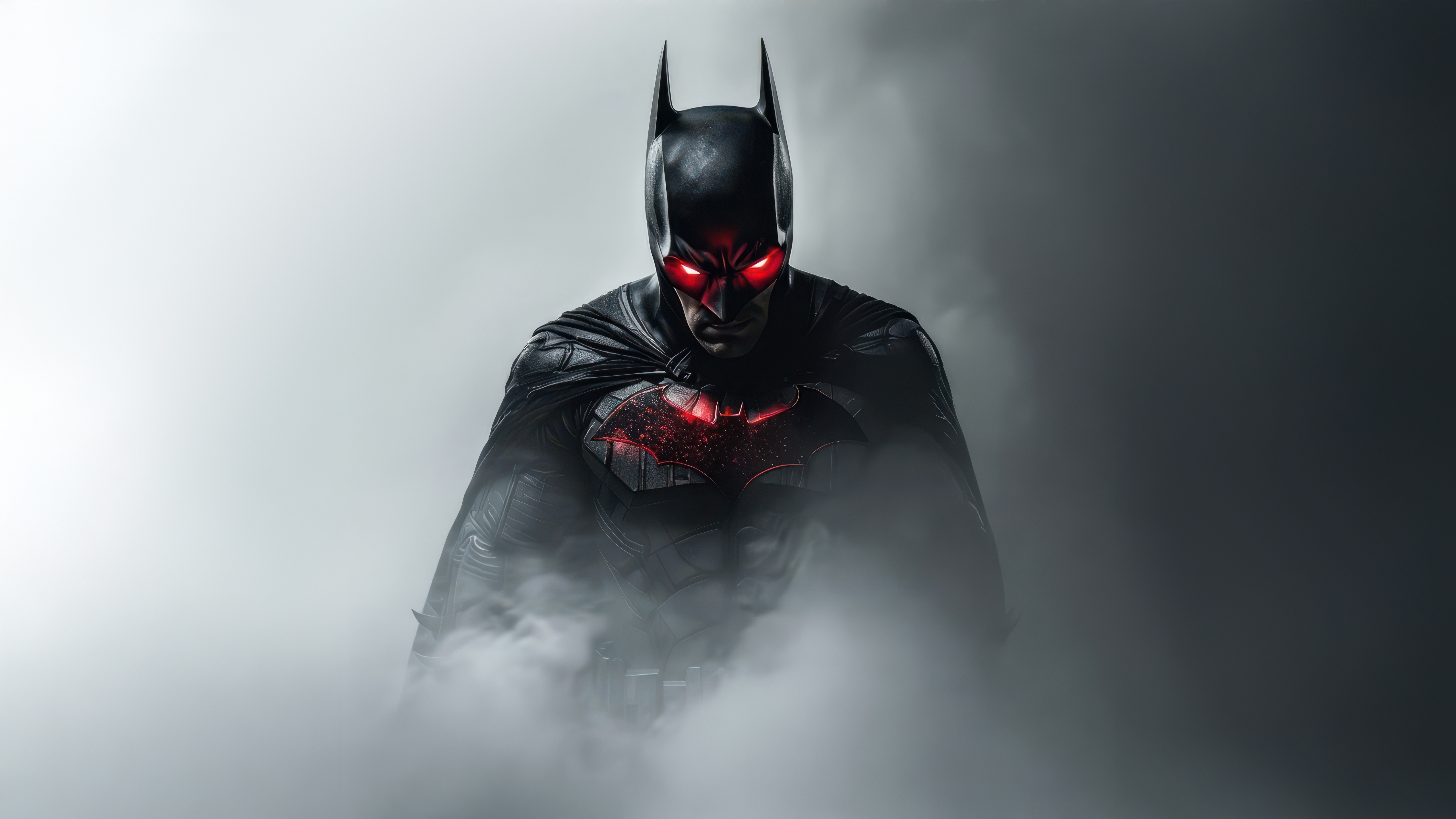 Batman emerging from smoke with glowing red eyes HD Wallpaper