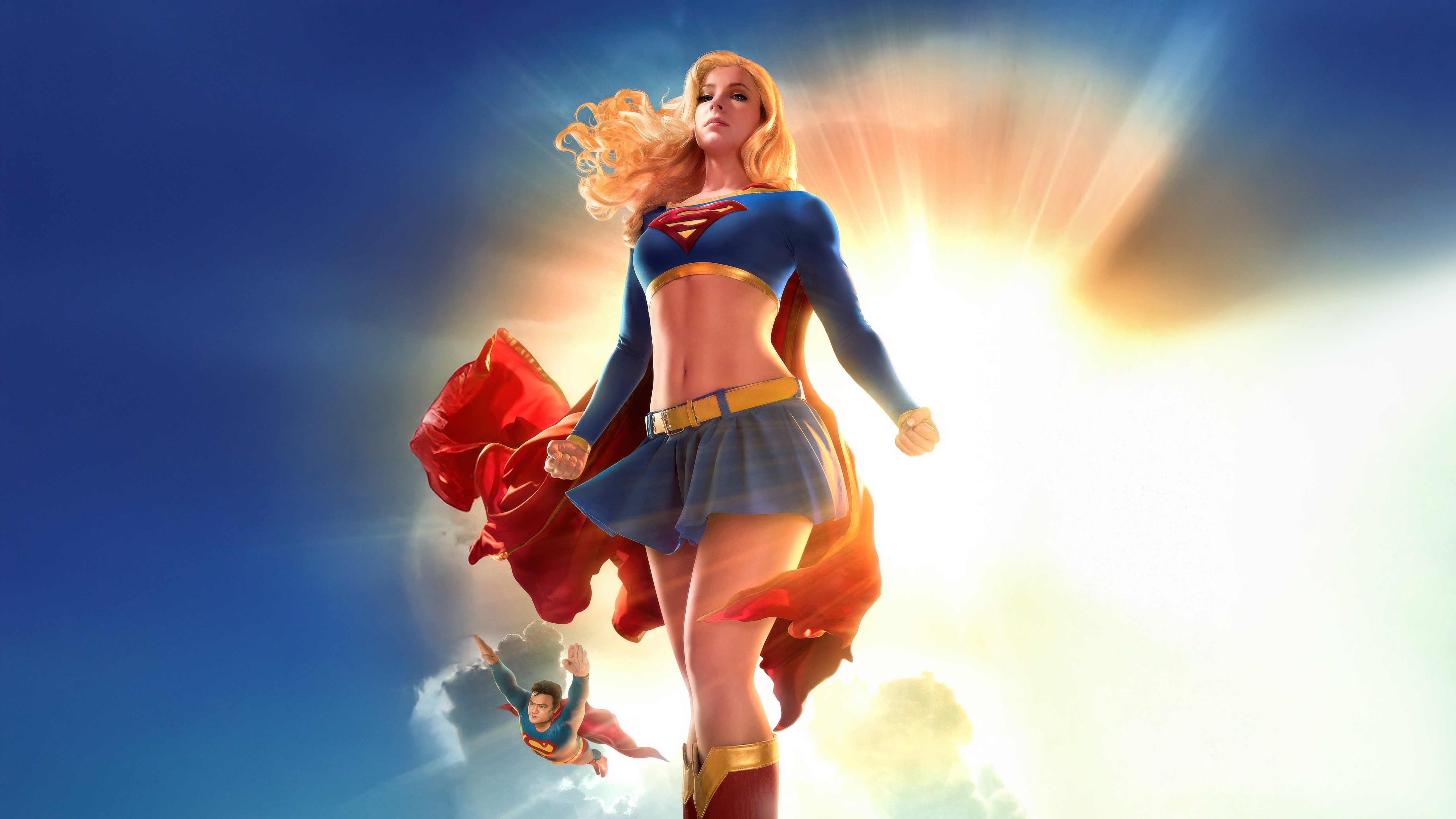 Supergirl and Superman flying in the sky HD Wallpaper