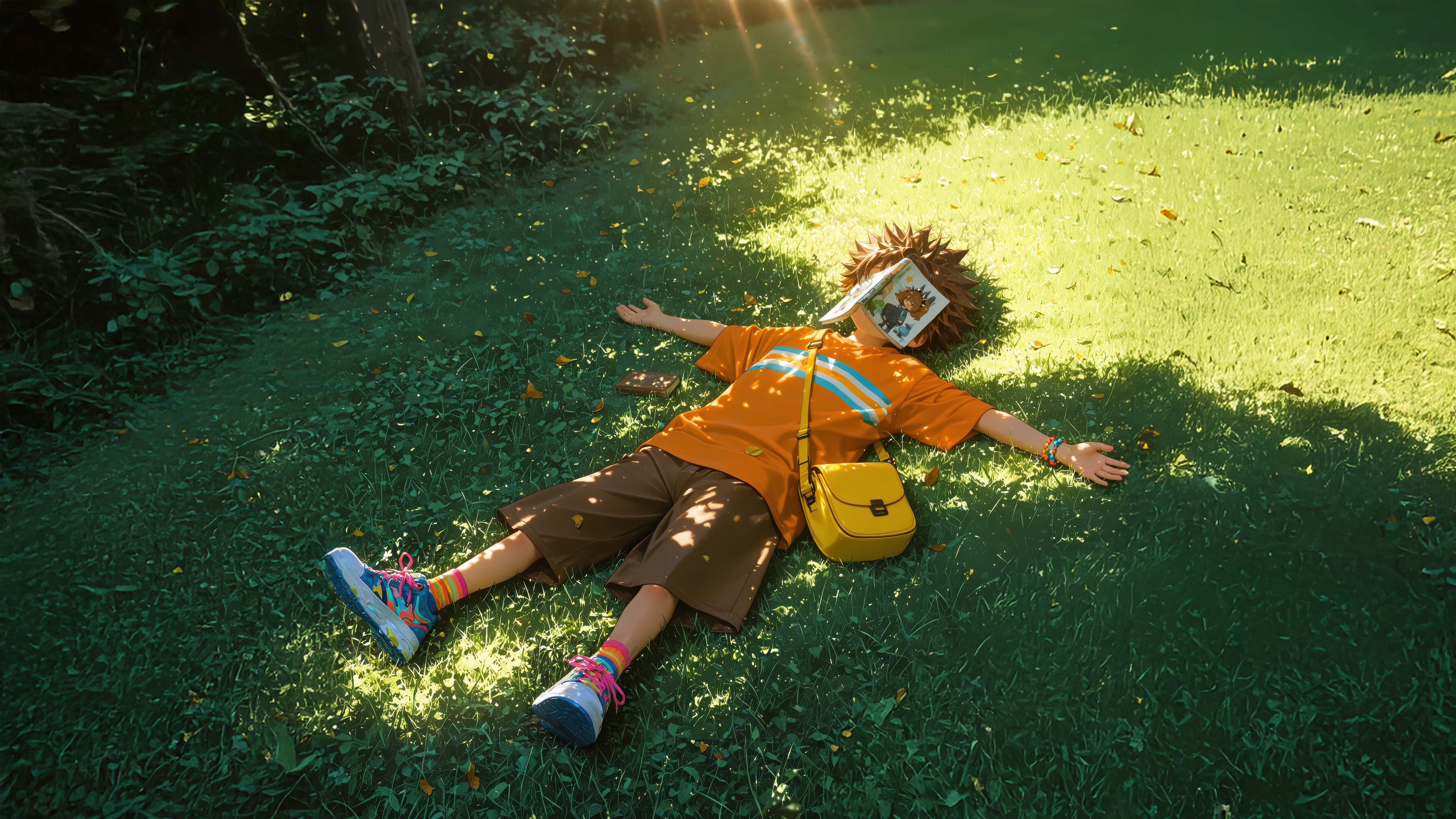 Anime boy sleeping on grass with a book HD Wallpaper