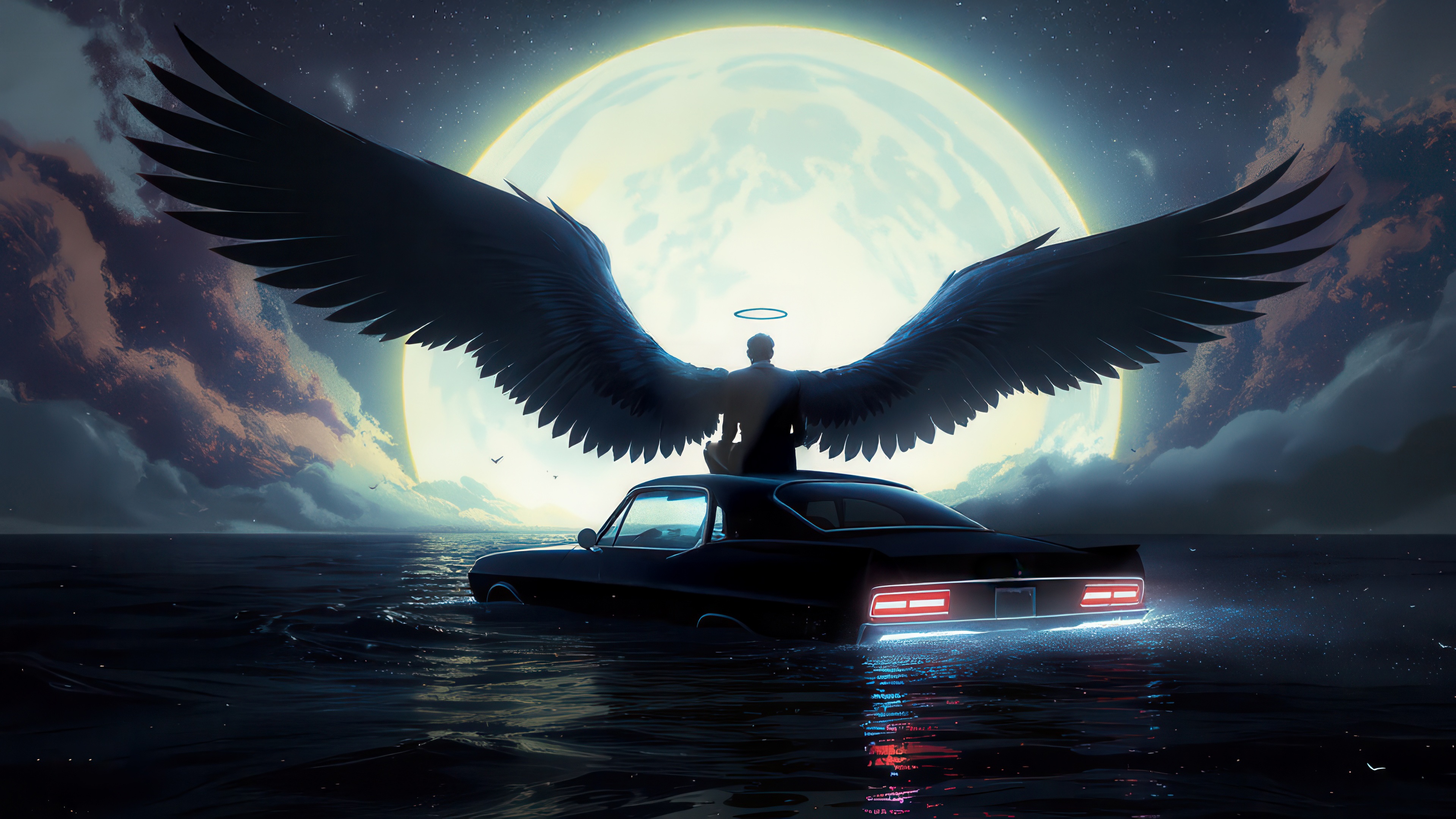 Angel with wings sitting on a car in the ocean HD Wallpaper