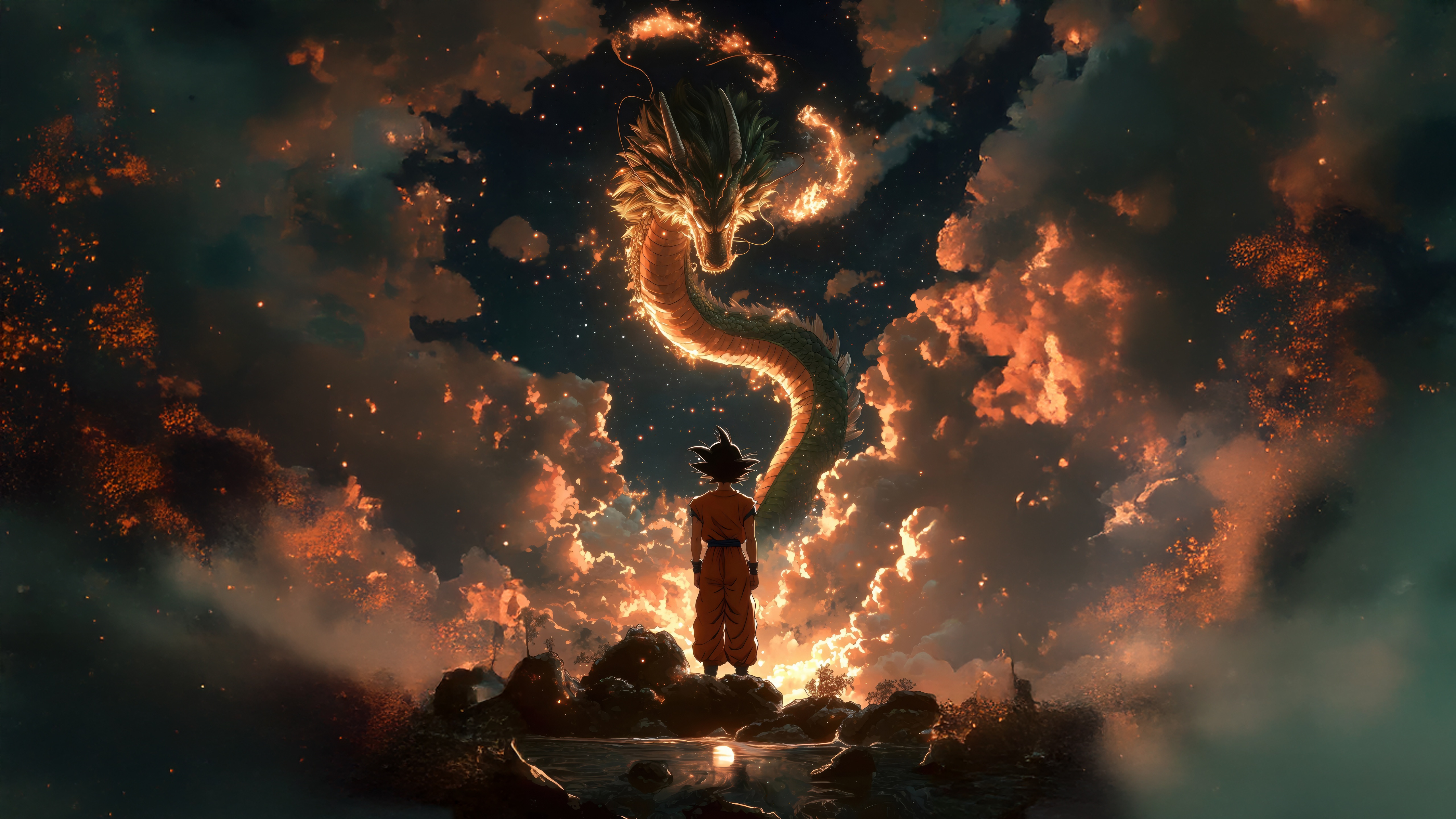 Goku meets Shenron in a fiery sky HD Wallpaper
