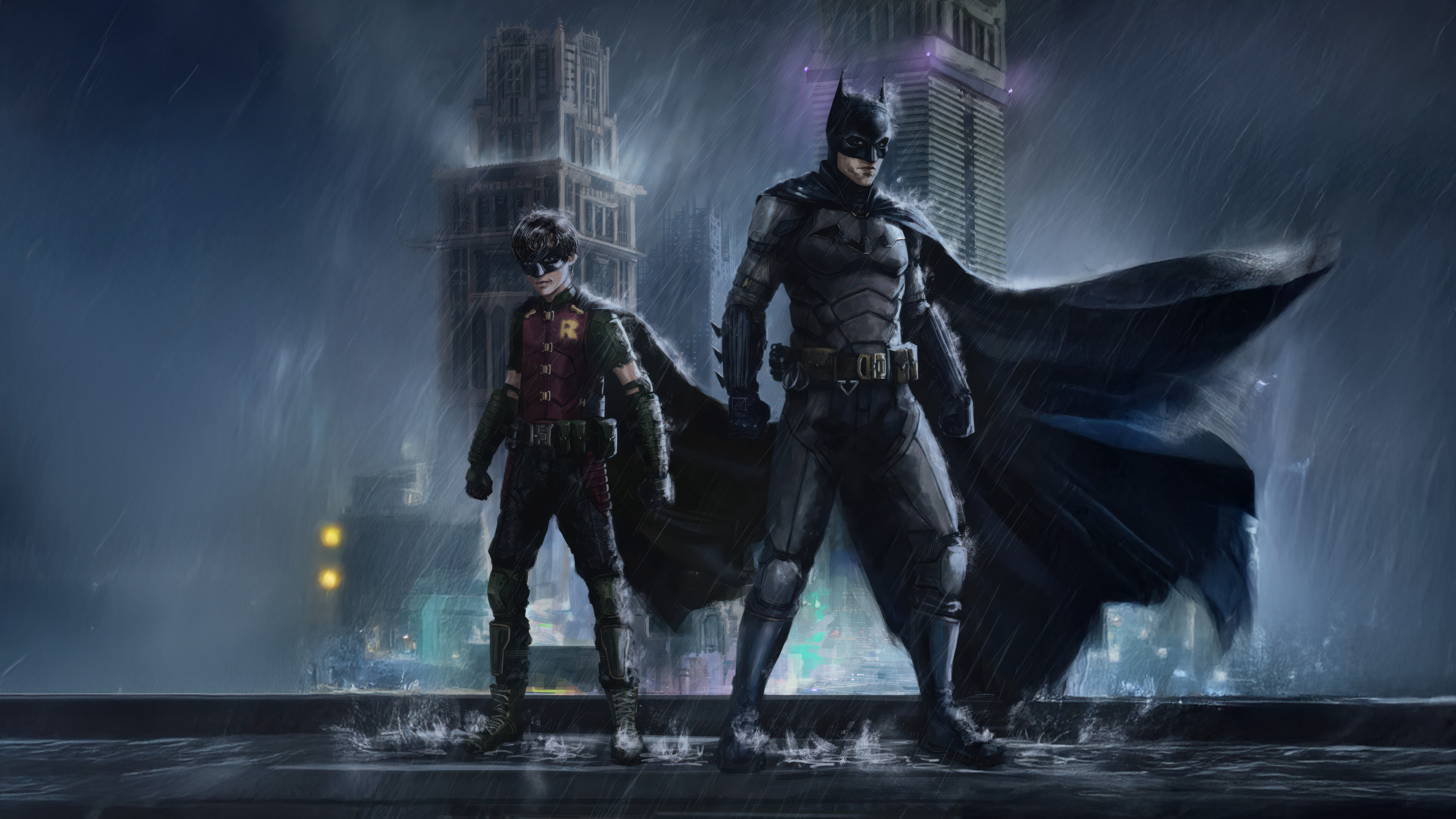 Batman And Robin In Rainy Gotham HD Wallpaper