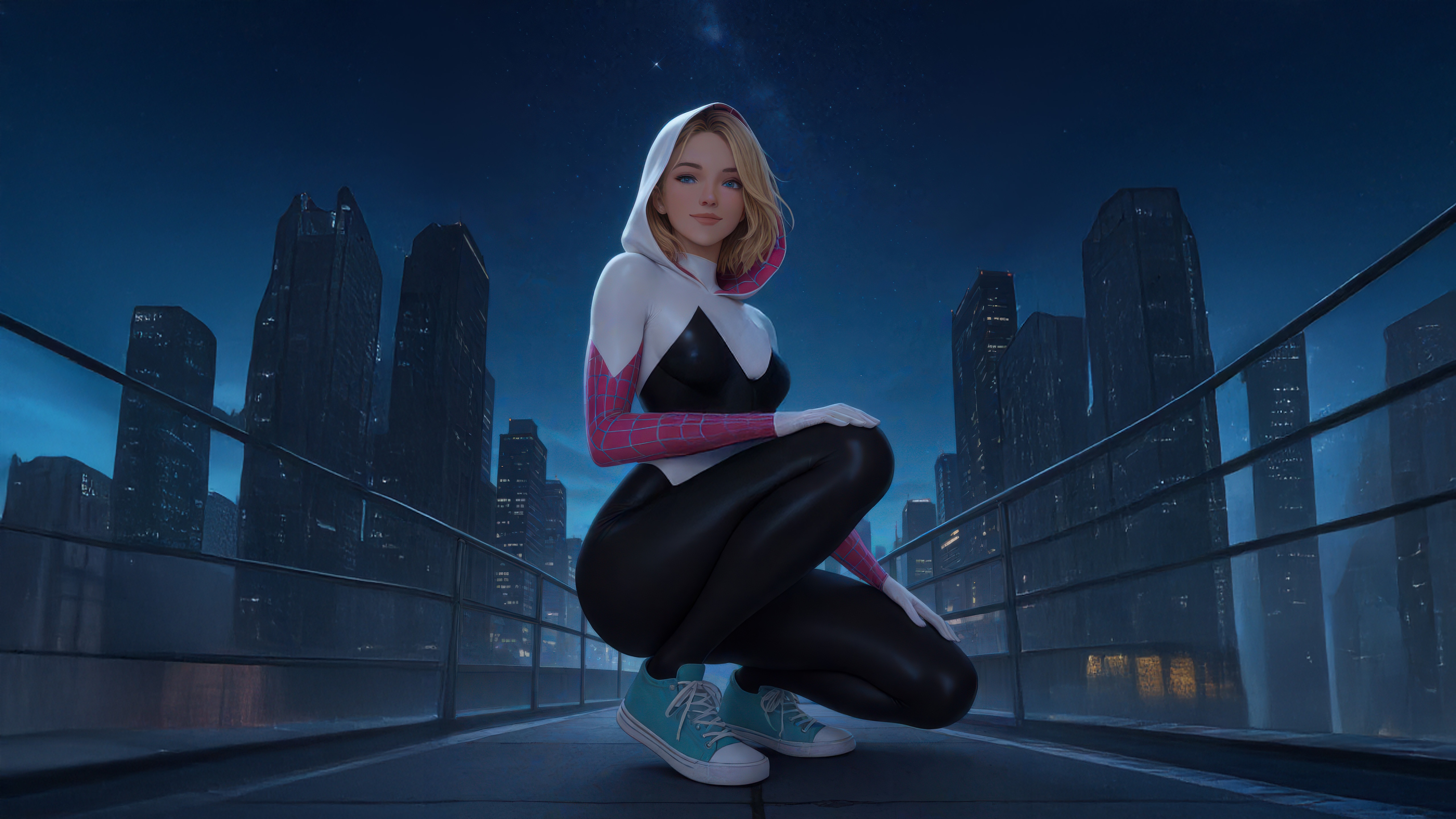 Spider-Gwen crouching on a rooftop at night HD Wallpaper