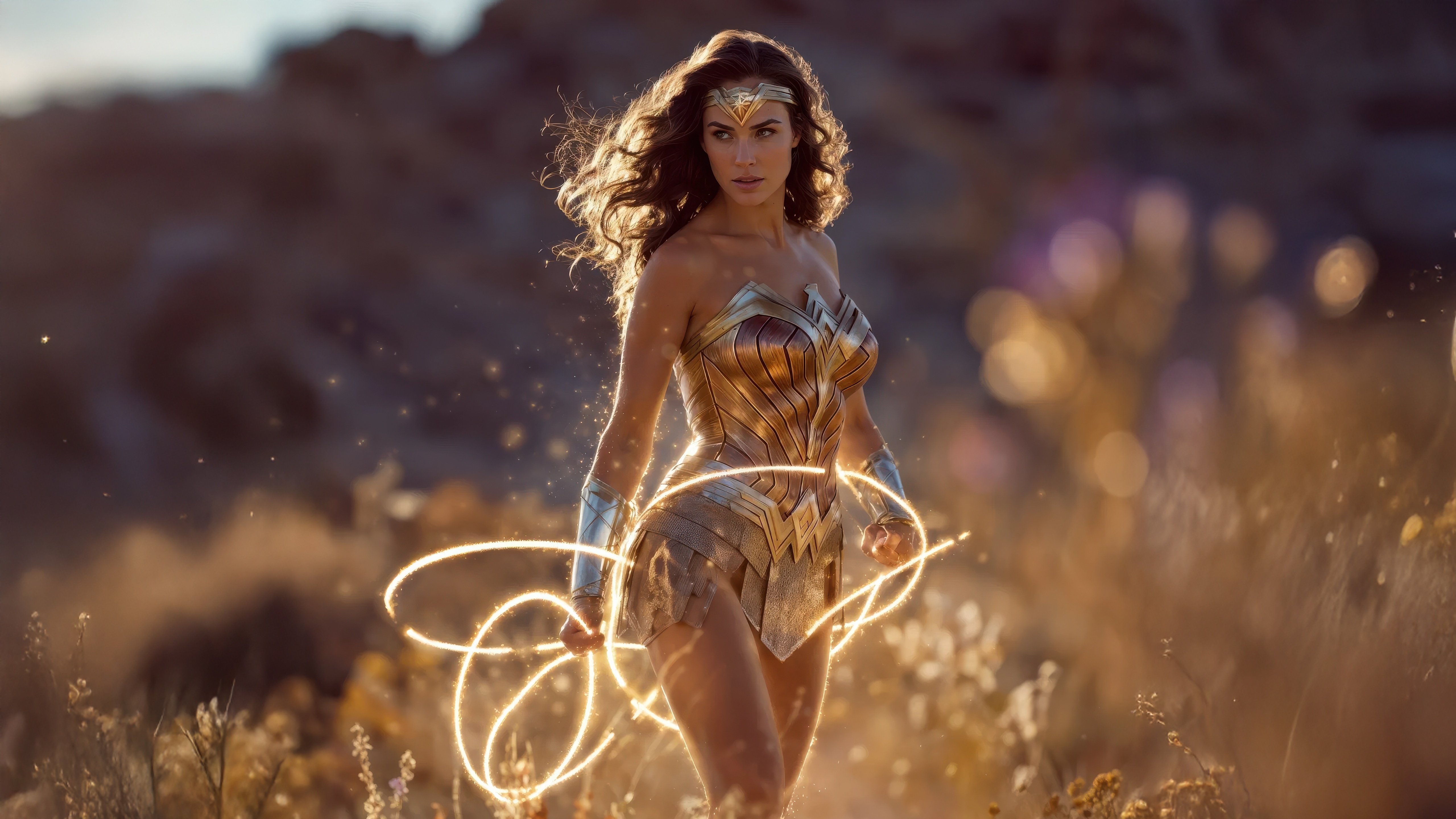 Wonder Woman with Lasso of Truth in a Field HD Wallpaper