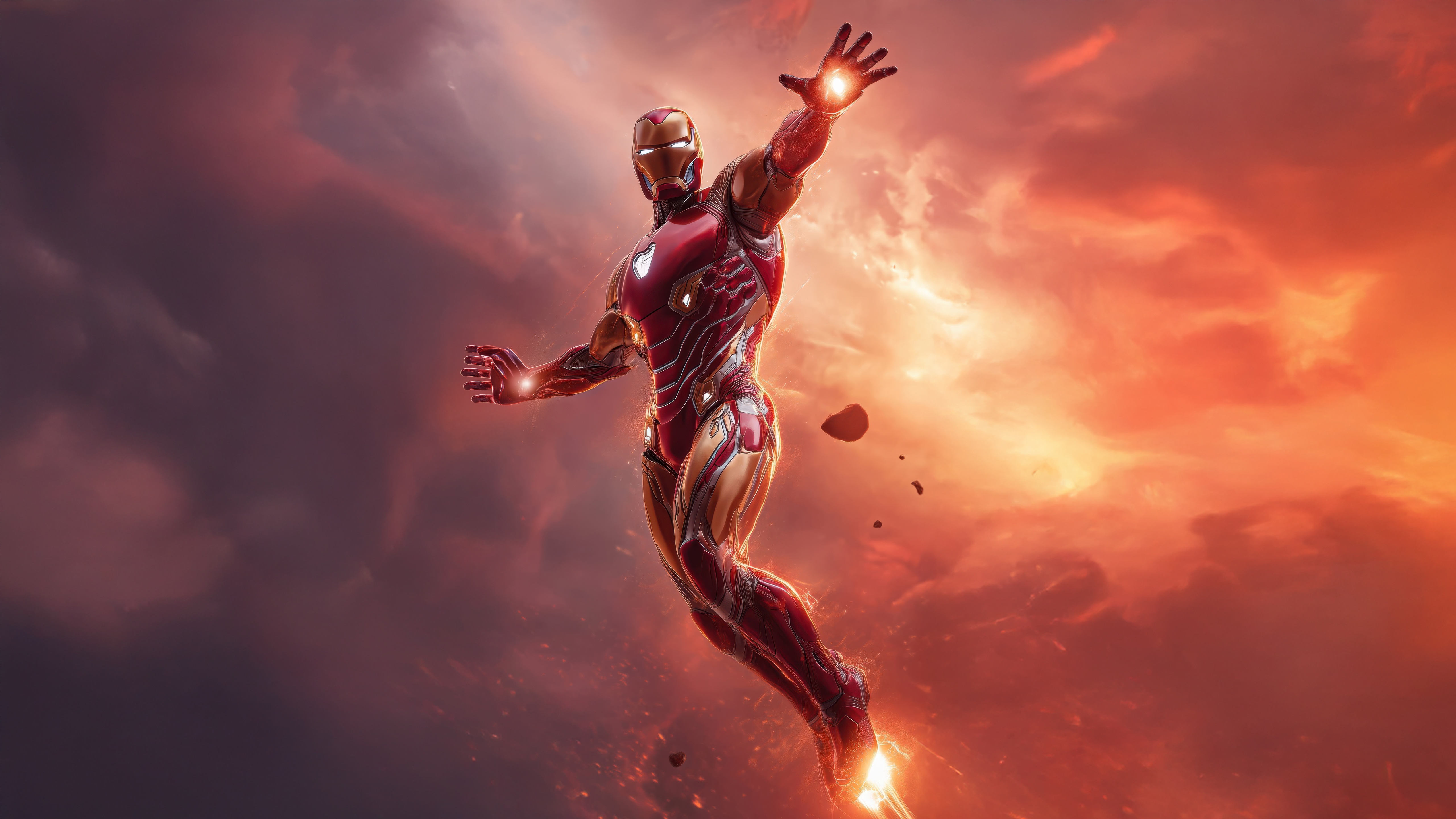 Iron Man flying through a fiery sky HD Wallpaper