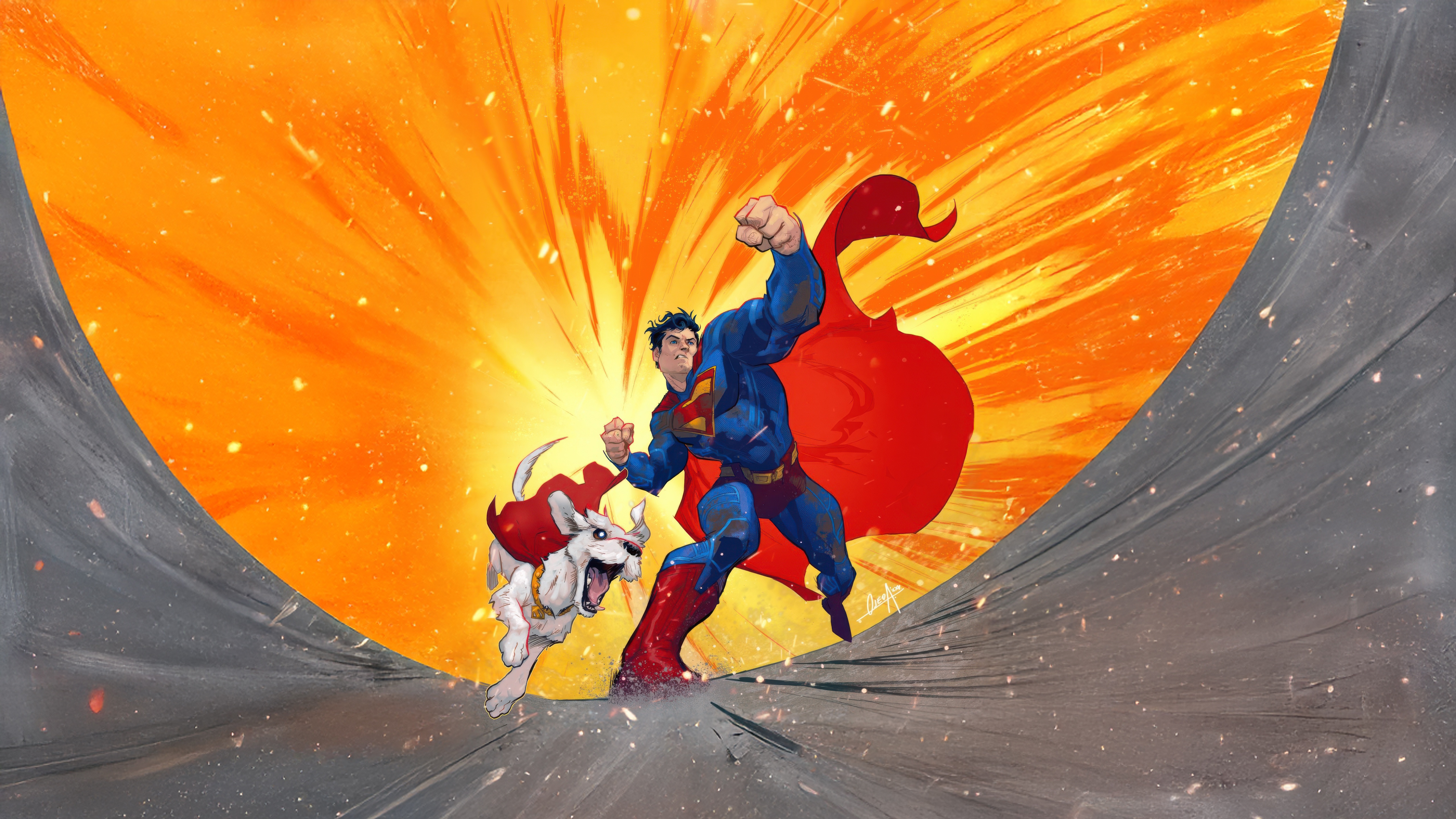 Superman and Krypto running with a bright orange explosion behind them HD Wallpaper