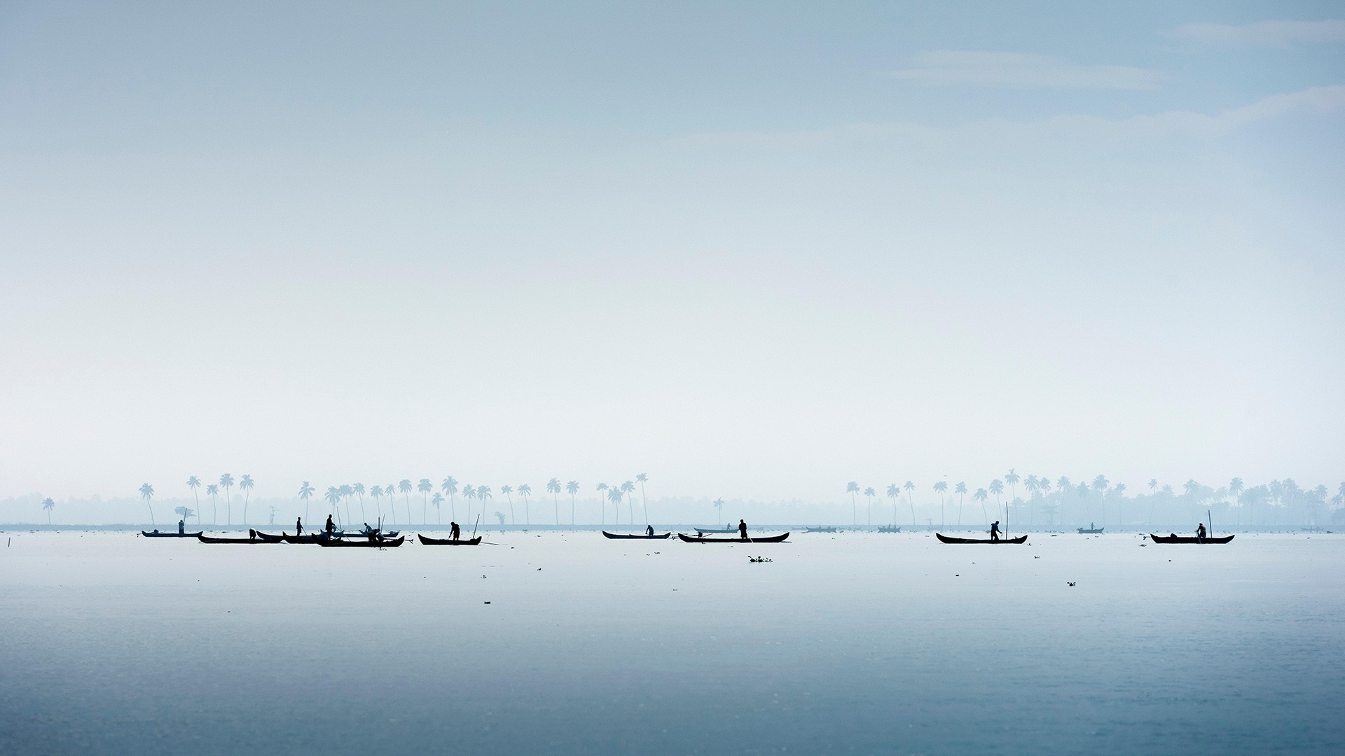 Fishermen in boats on a misty lake with palm trees HD Wallpaper