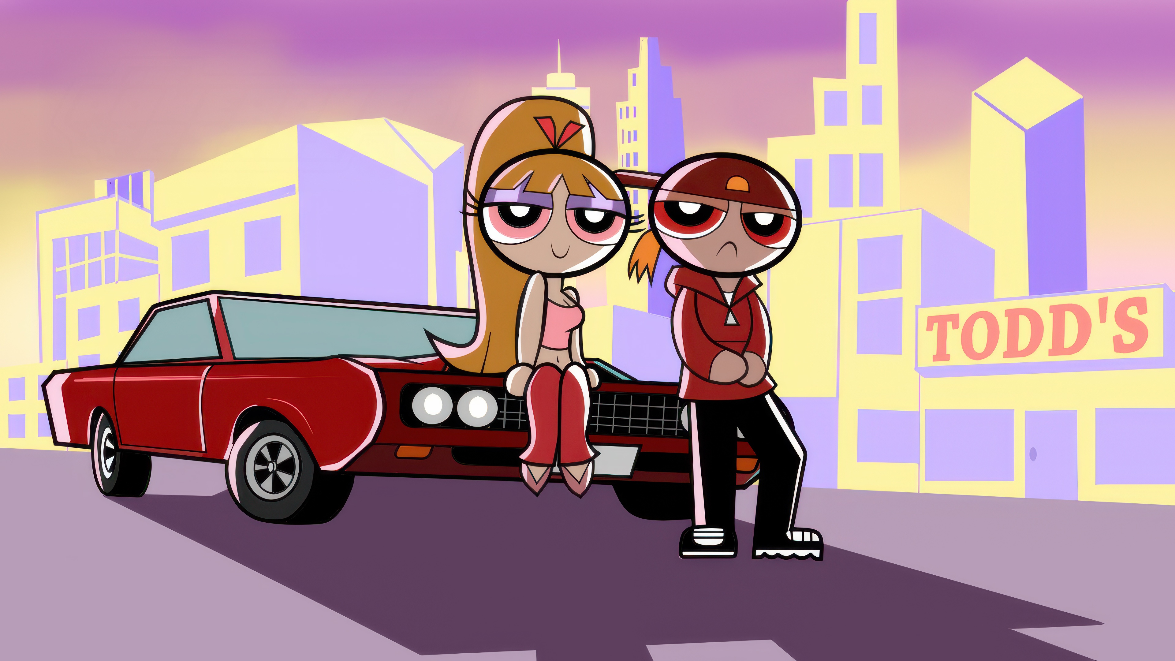Powerpuff Girls characters in a GTA-style setting HD Wallpaper