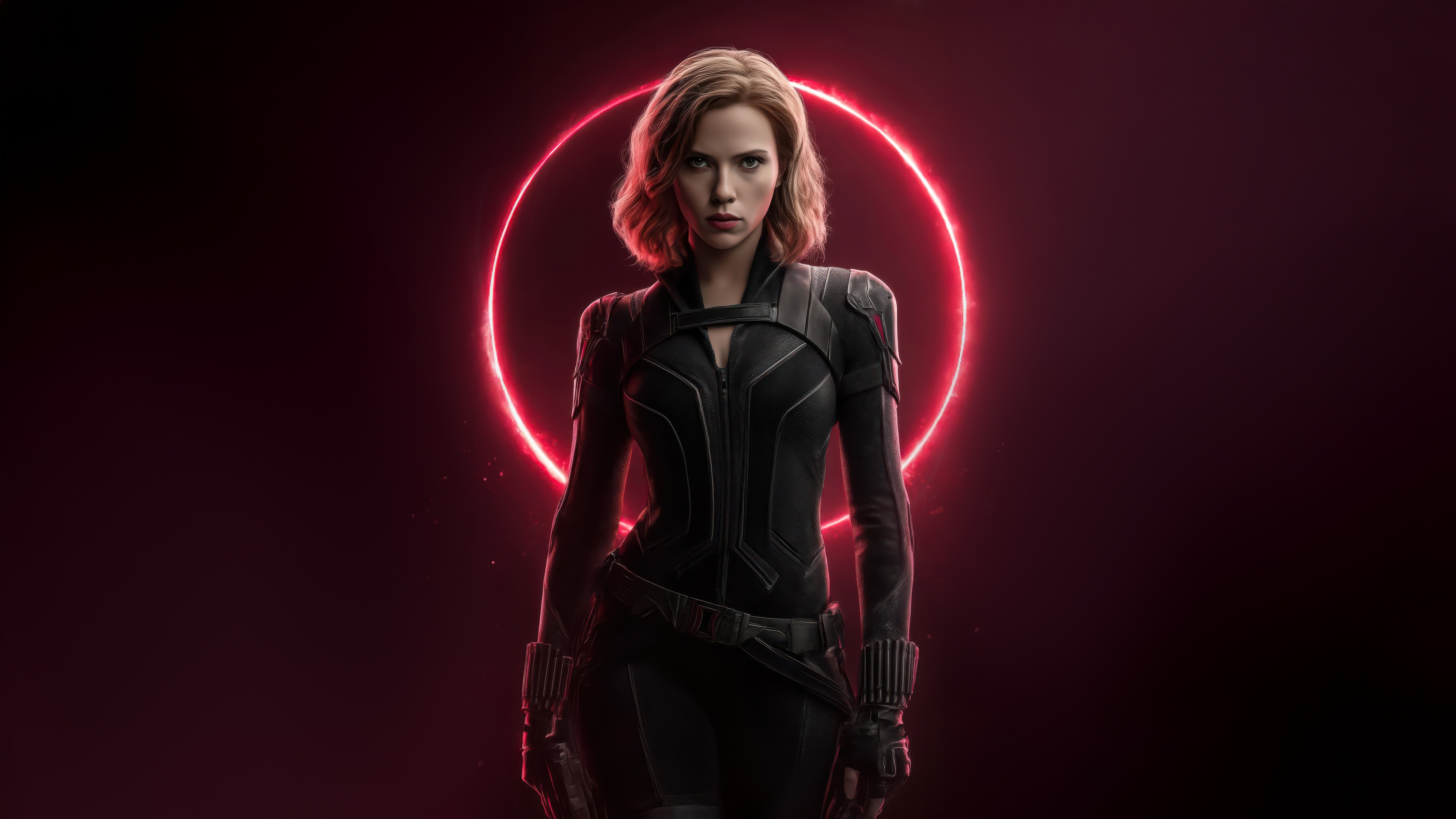 Black Widow in front of a red neon circle HD Wallpaper