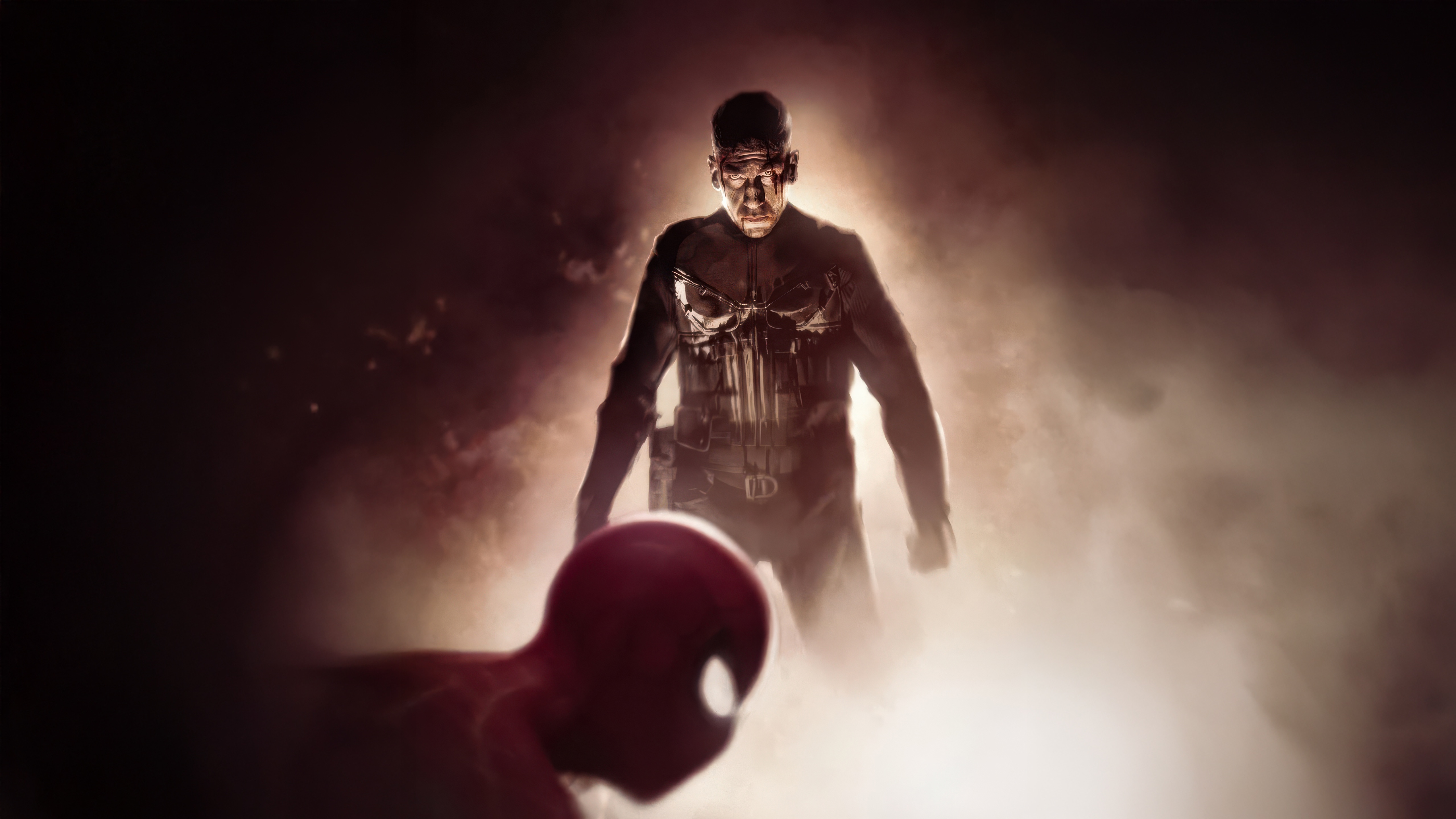 The Punisher faces Spider-Man in a smoky scene HD Wallpaper