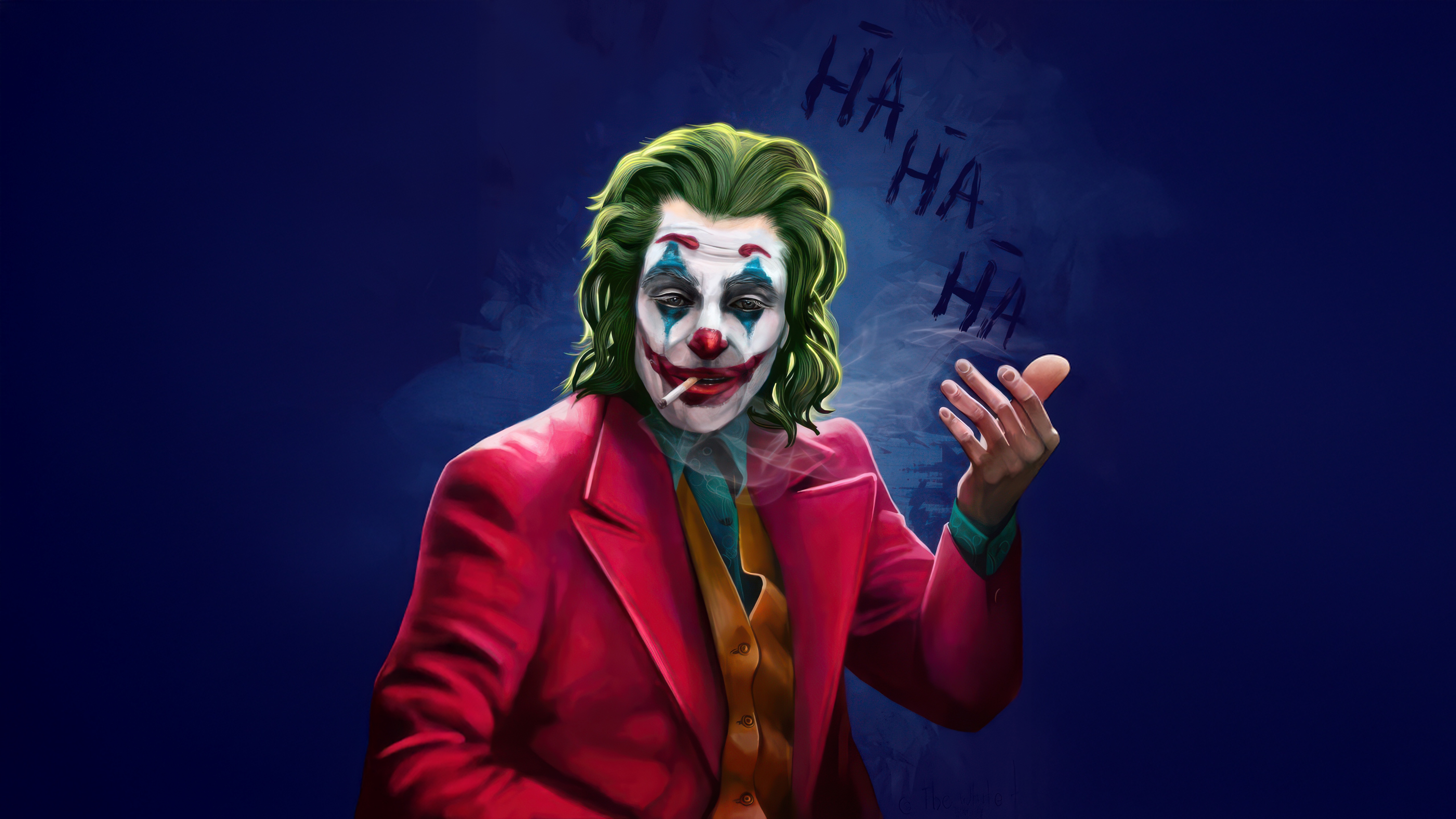The Joker Smoking with 'HA HA' in the Background HD Wallpaper