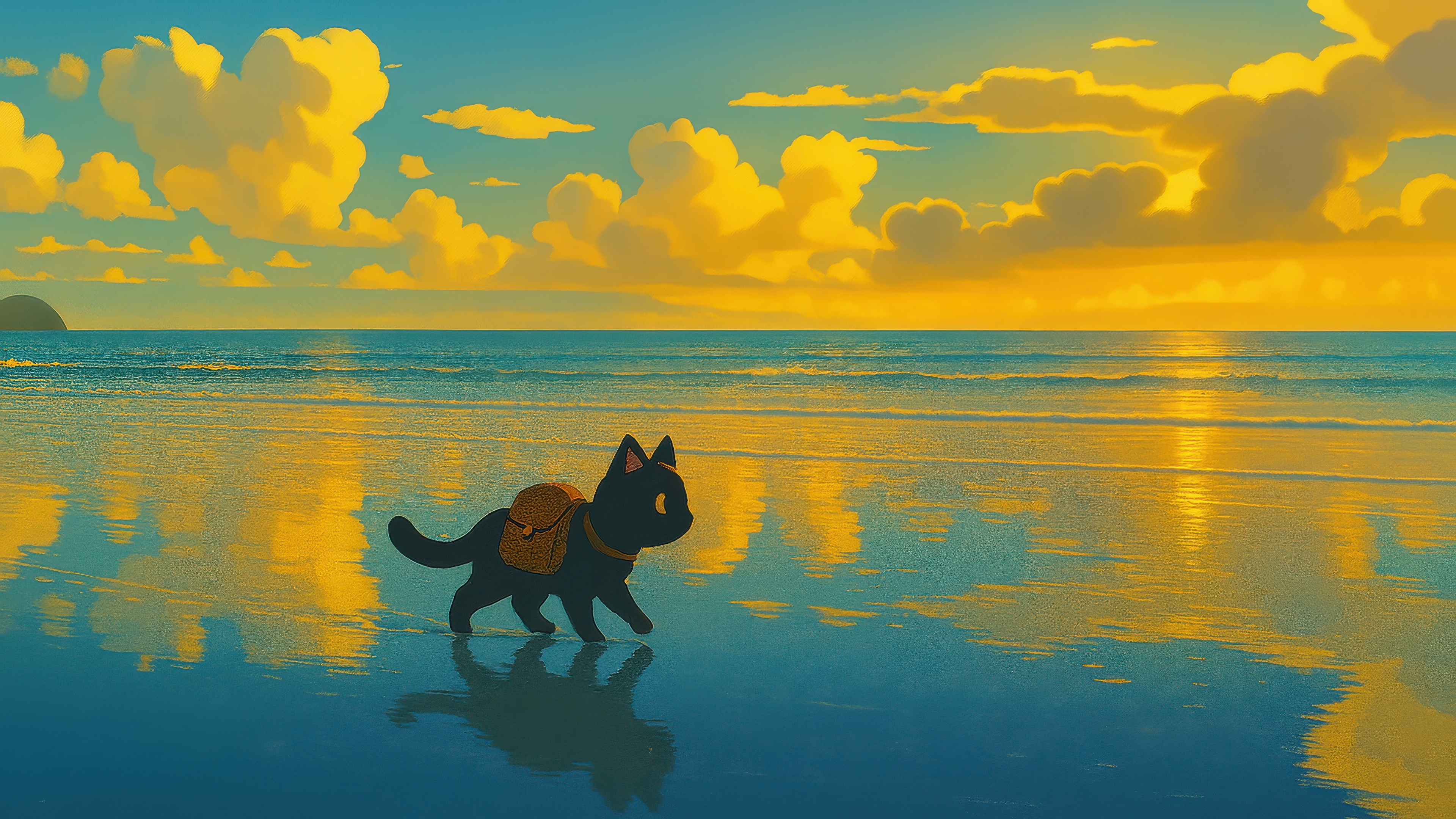 Black cat with backpack on beach at sunset HD Wallpaper