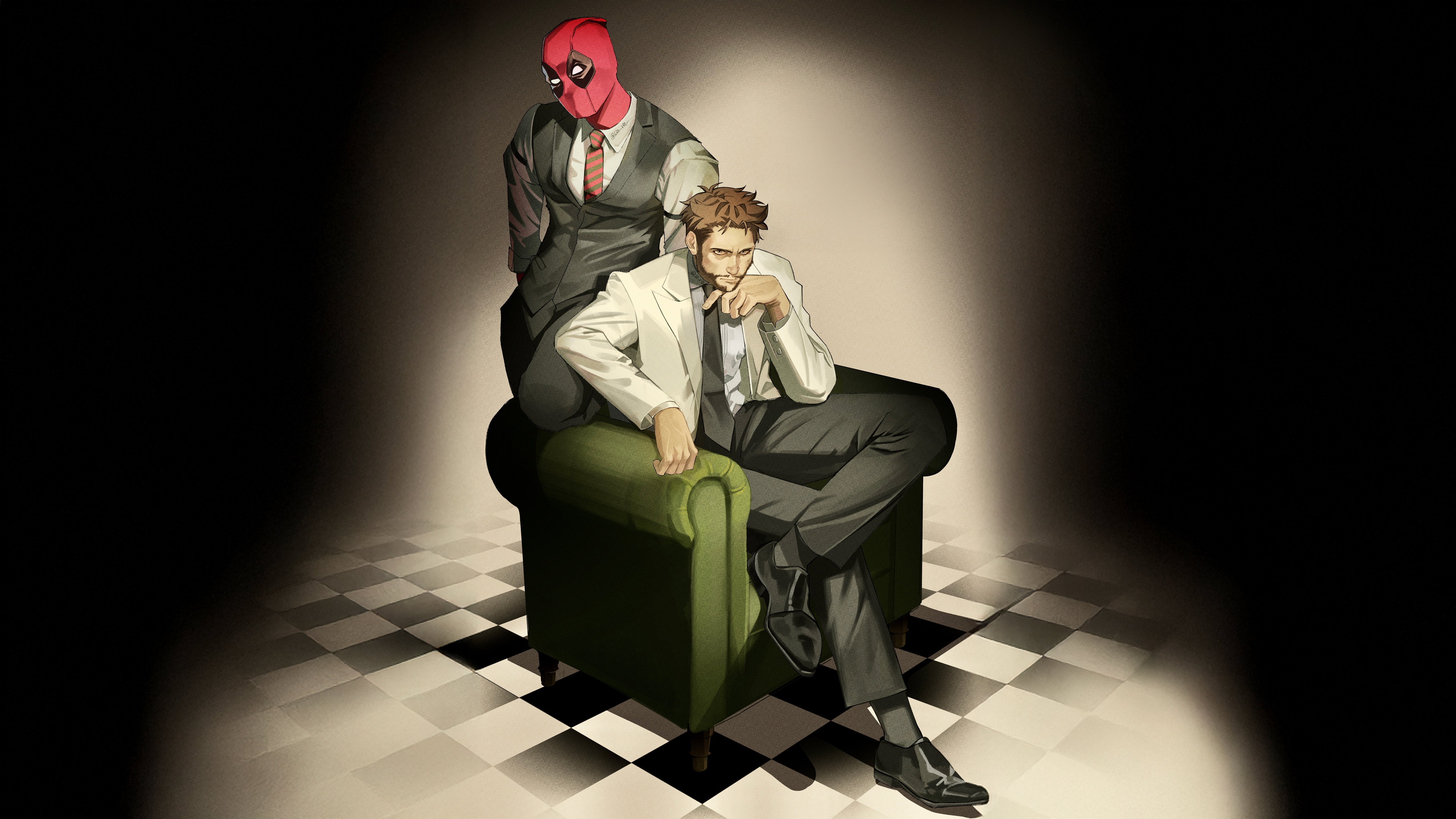 Deadpool and Wolverine in suits sitting in a chair HD Wallpaper