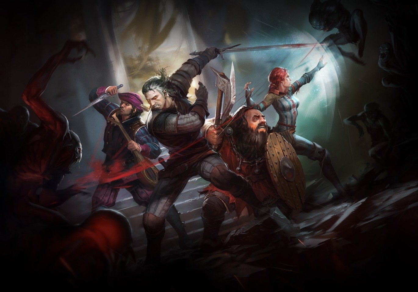 The Witcher Geralt and companions fighting monsters HD Wallpaper