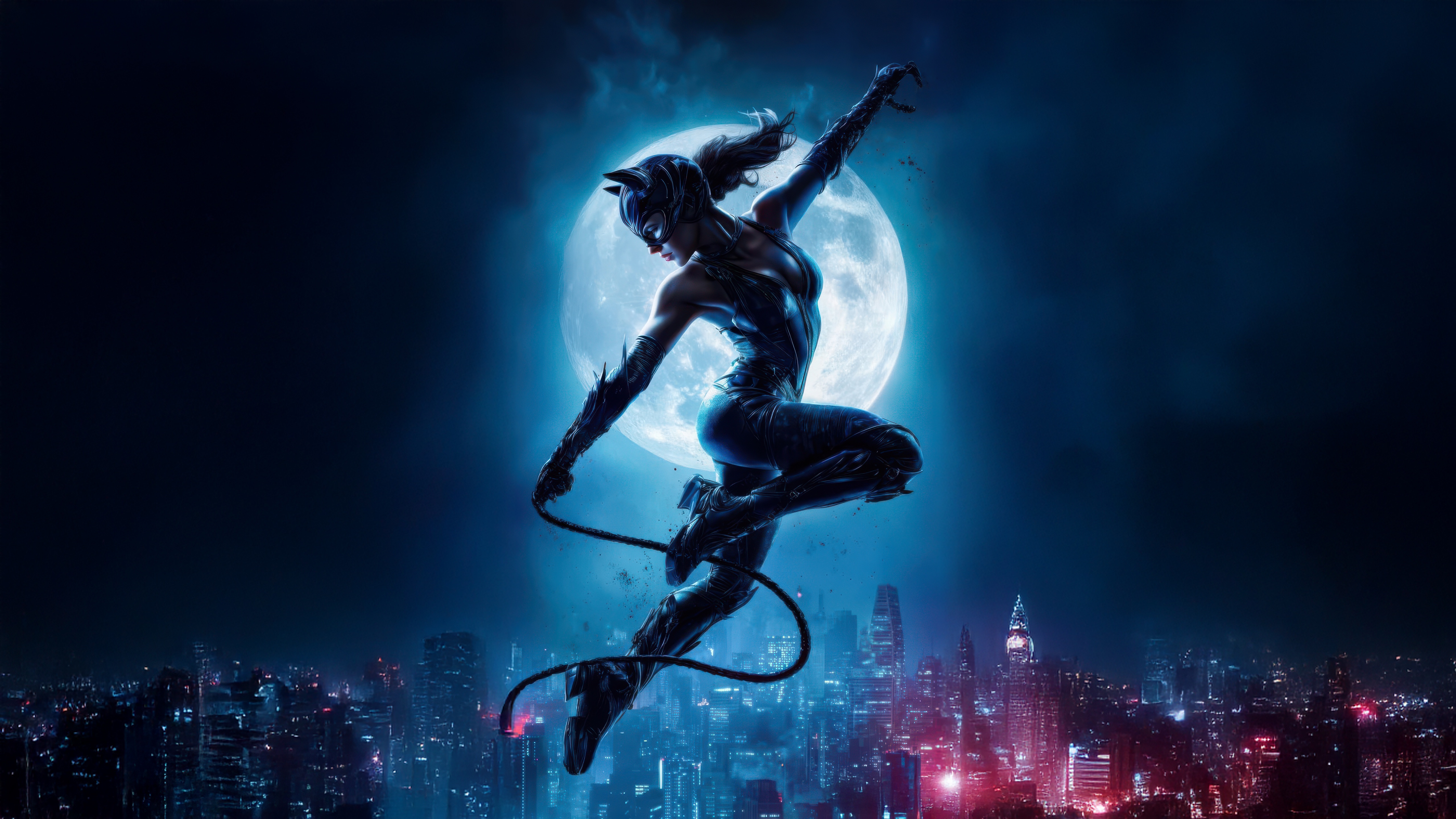 Catwoman leaping in front of a full moon over a city HD Wallpaper