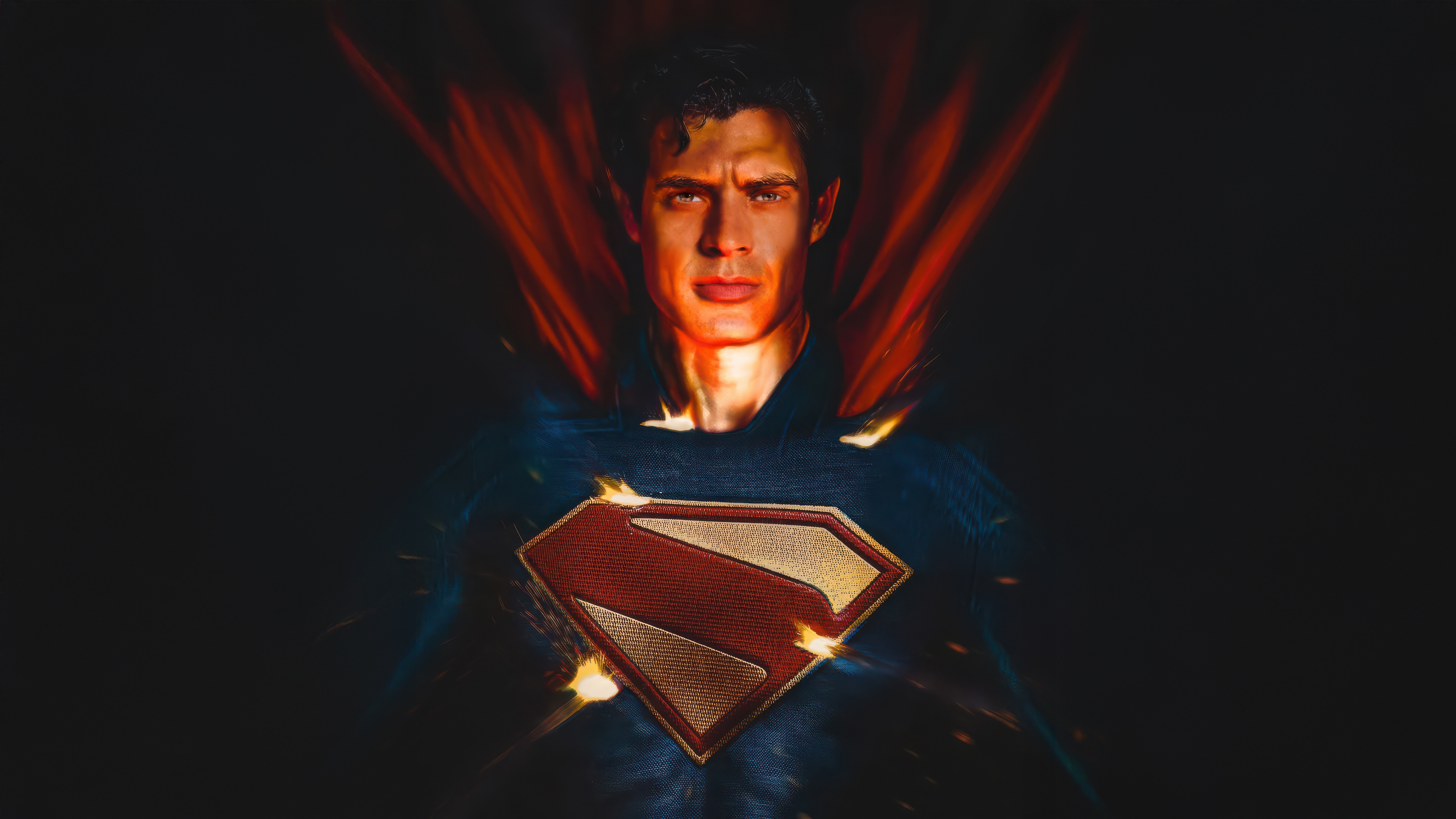 Superman with red cape and fiery effects HD Wallpaper