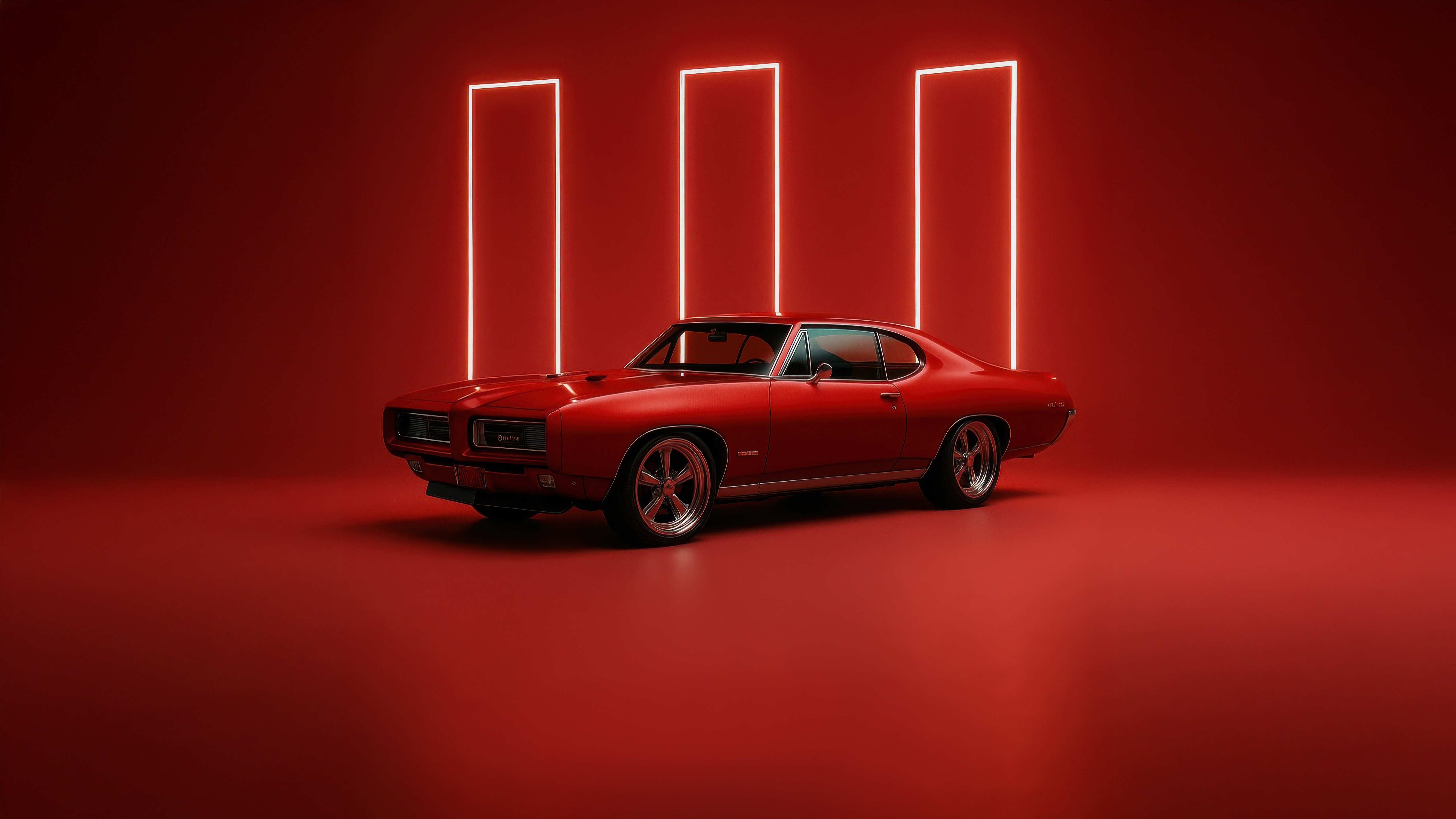 Red Pontiac GTO in a studio with neon lights HD Wallpaper