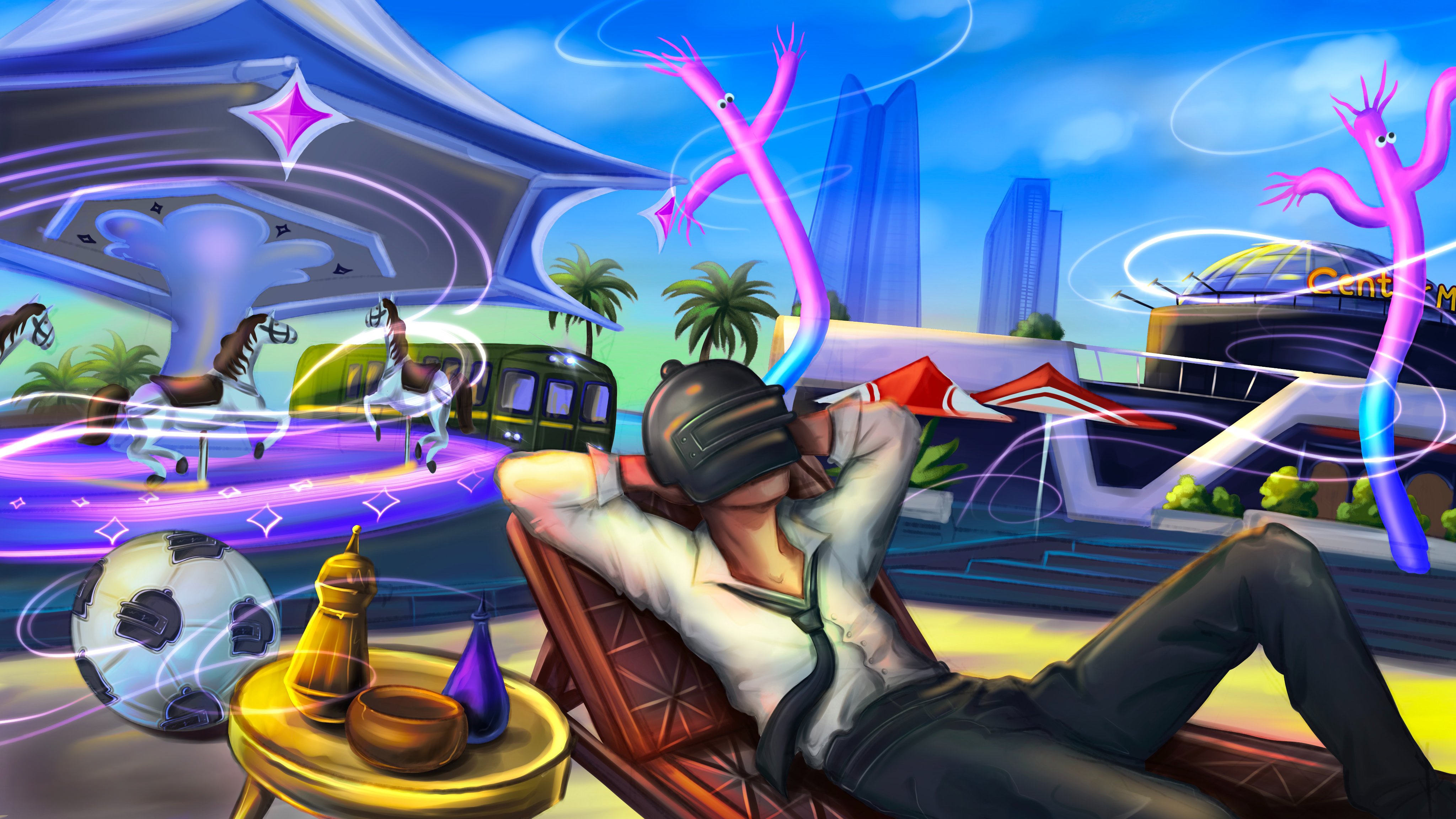 PUBG Helmet Guy Relaxing on a Beach HD Wallpaper