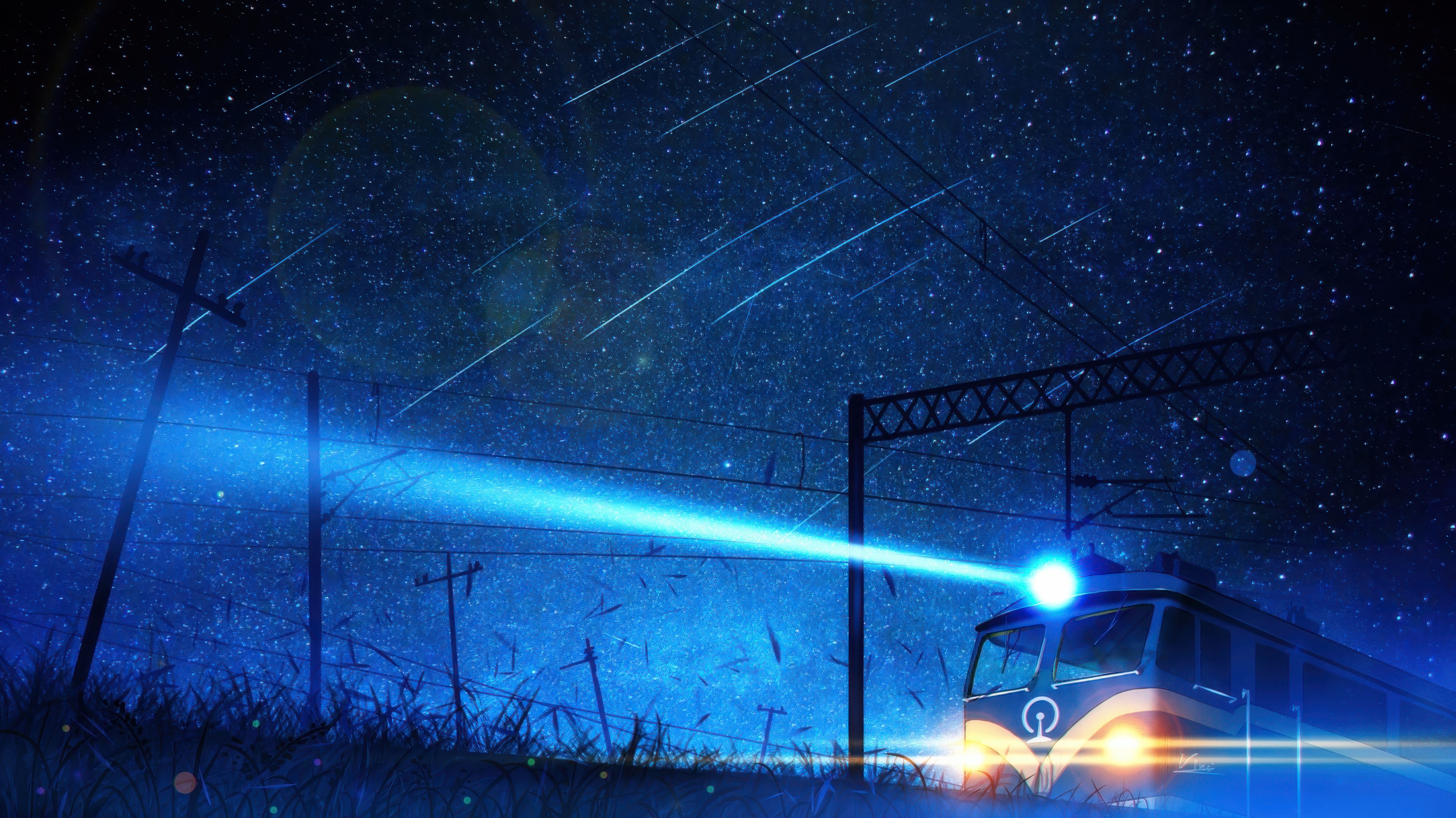 Midnight train with shooting stars HD Wallpaper