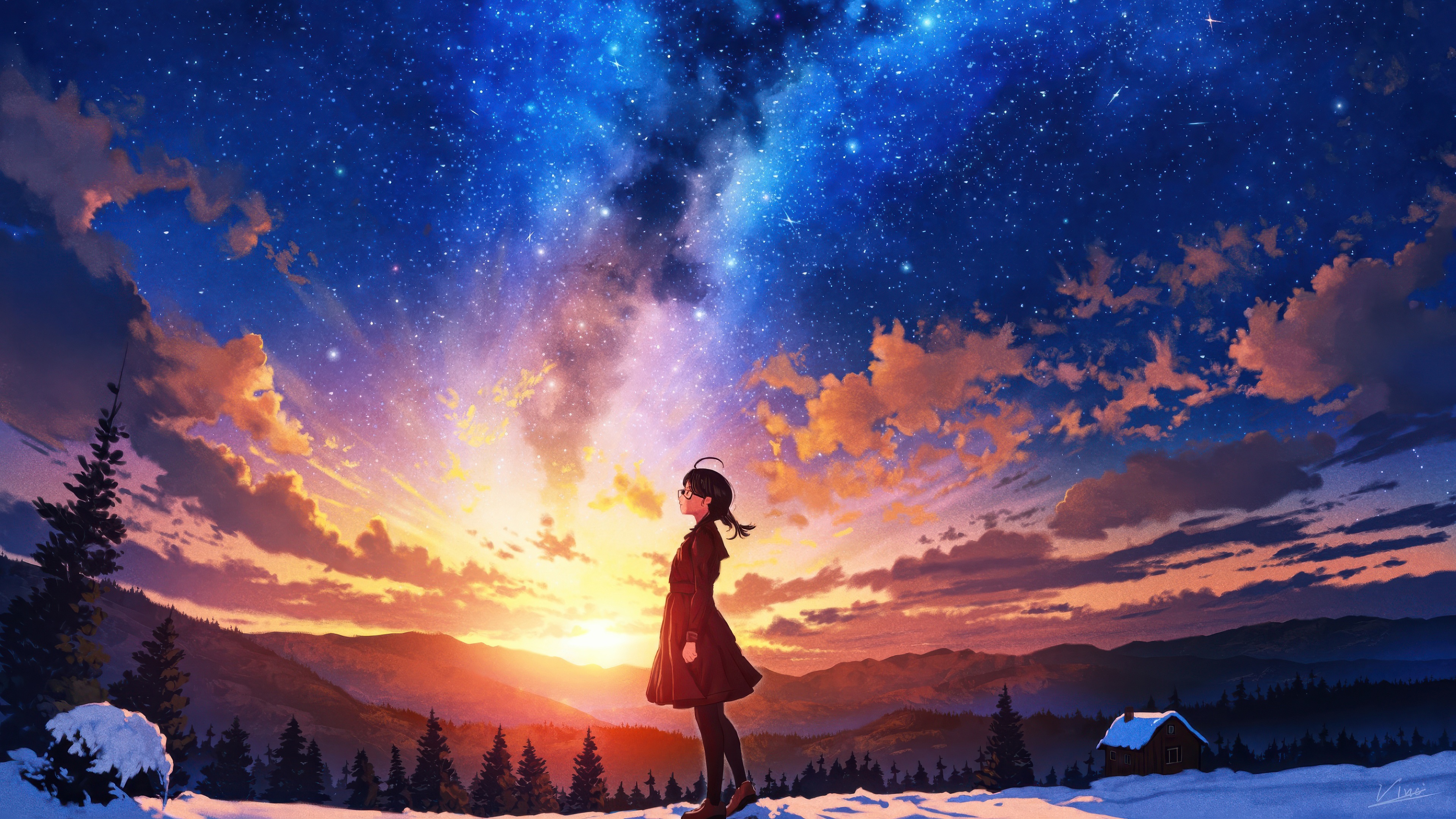 Girl Gazing at a Starry Sunset Over Snowy Mountains HD Wallpaper