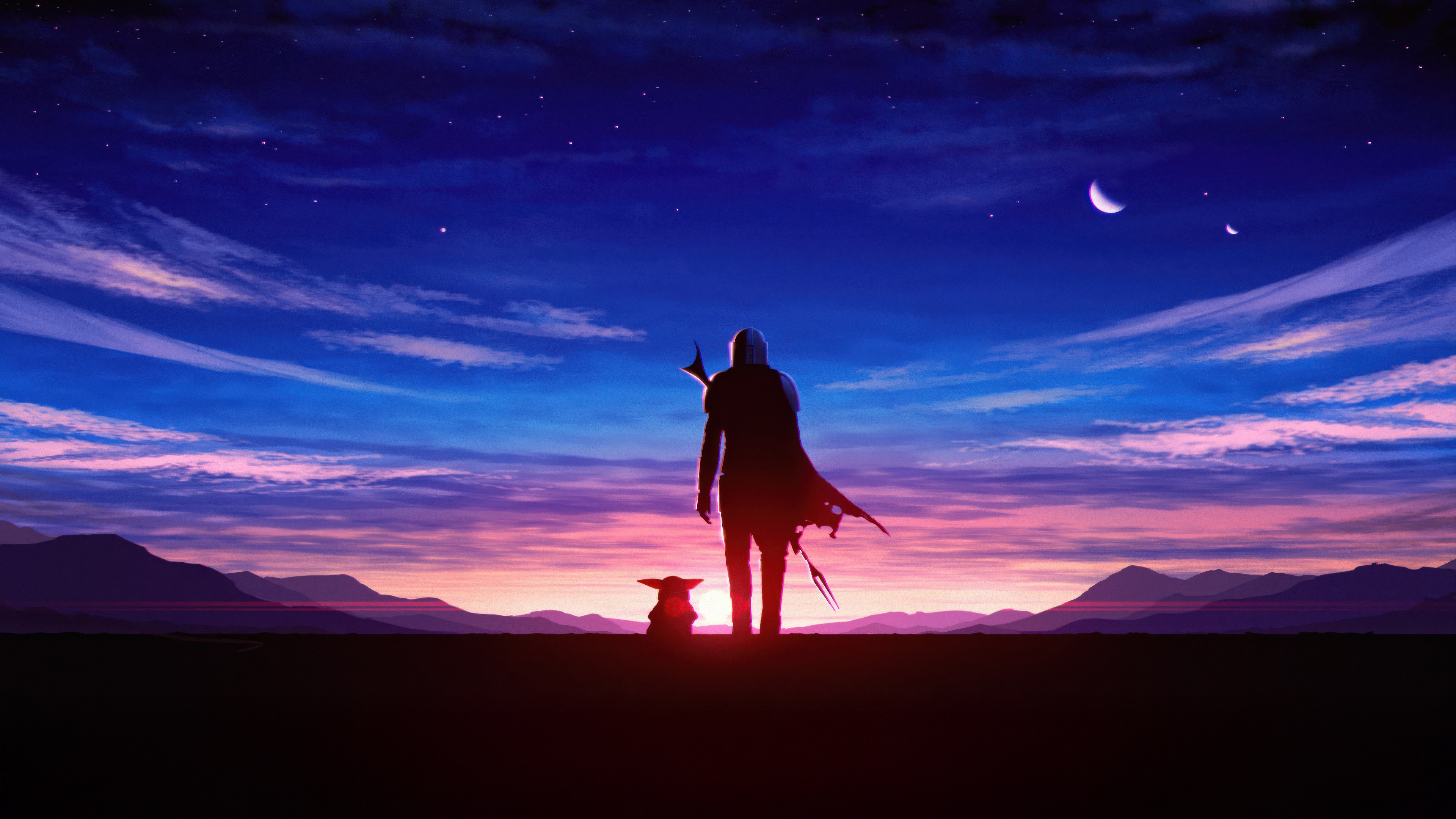 The Mandalorian and Grogu at Sunset HD Wallpaper