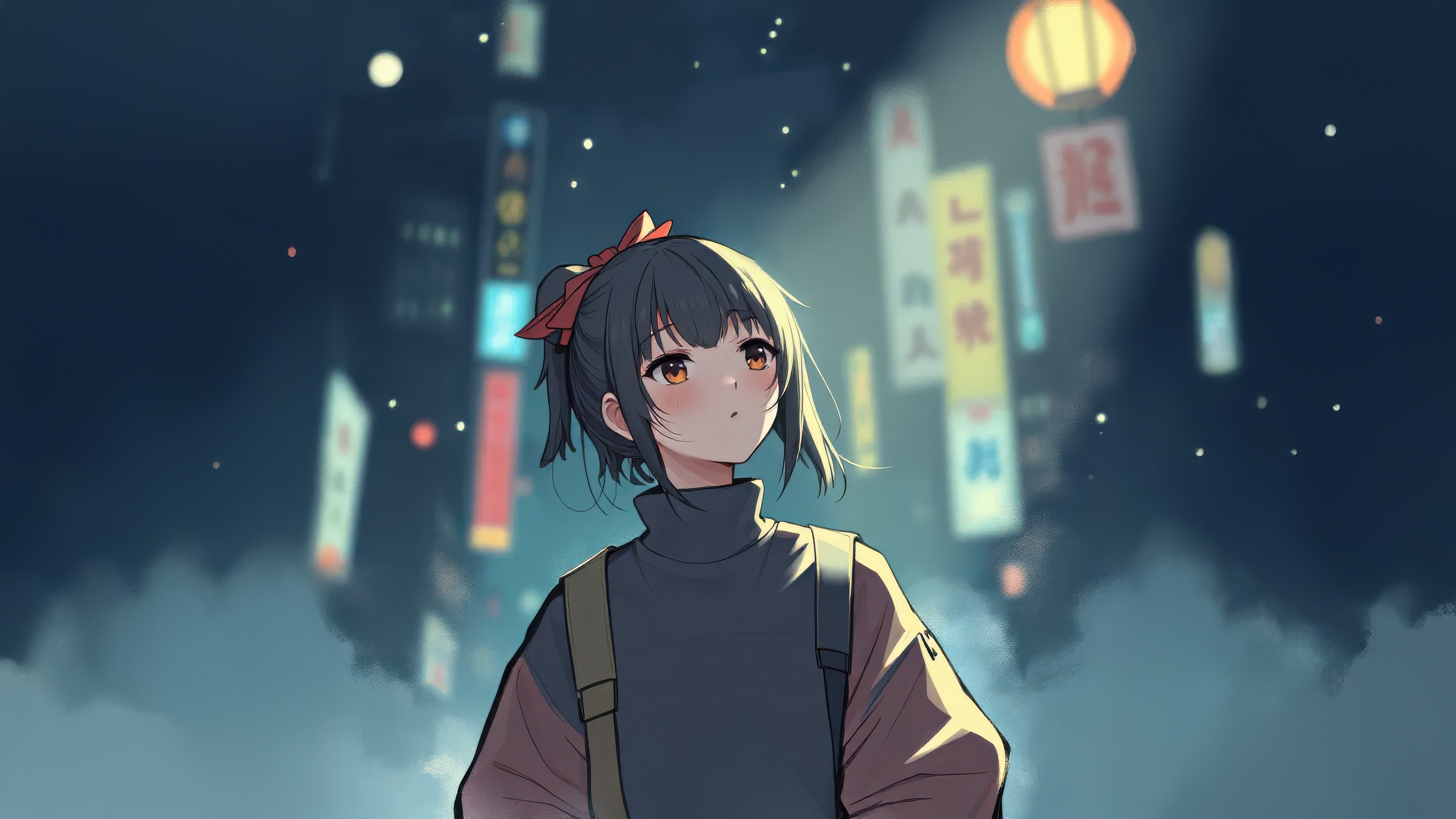 Anime girl with red hair ribbon at night HD Wallpaper