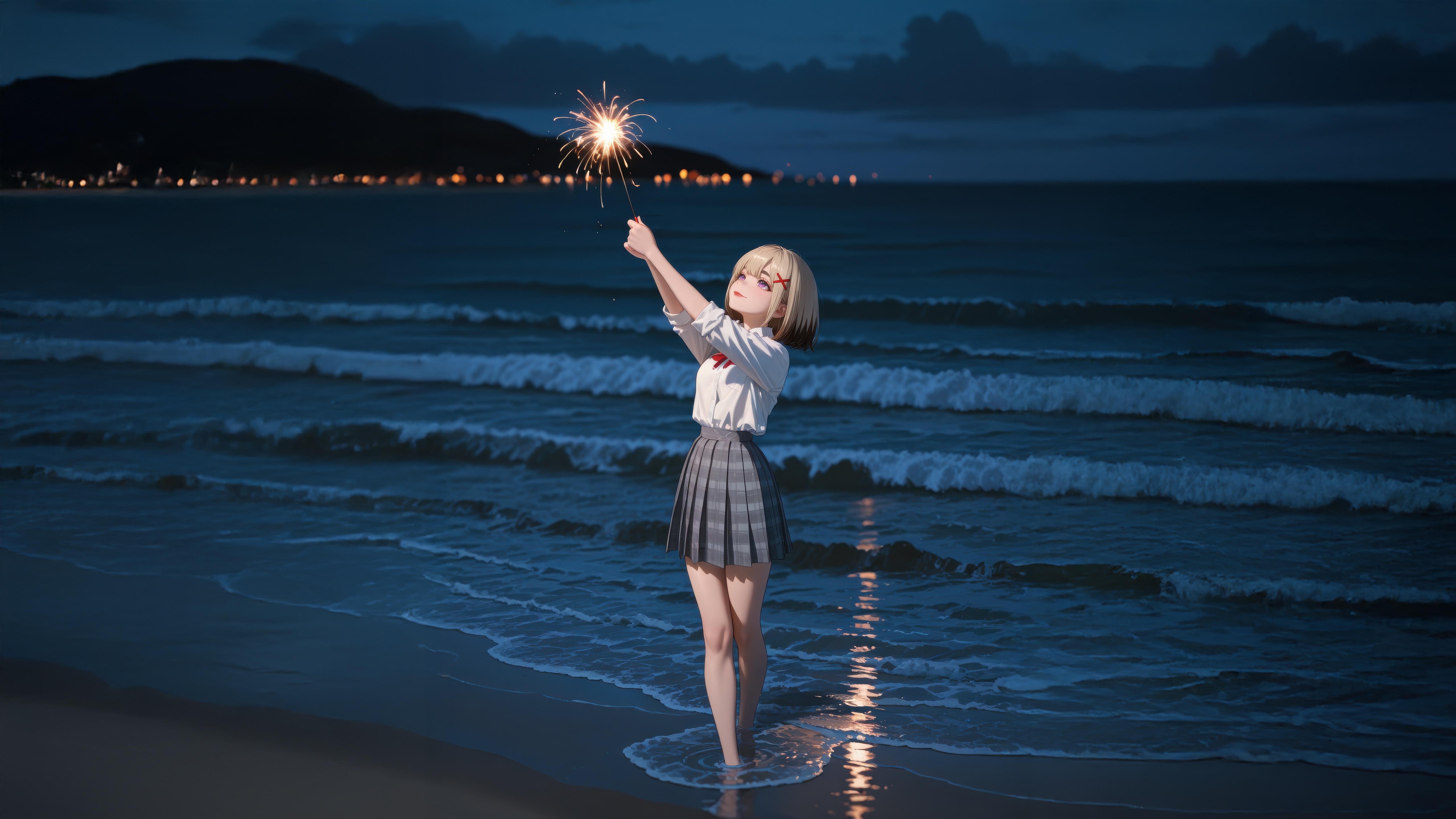 Anime Girl with Sparkler on Beach at Night HD Wallpaper
