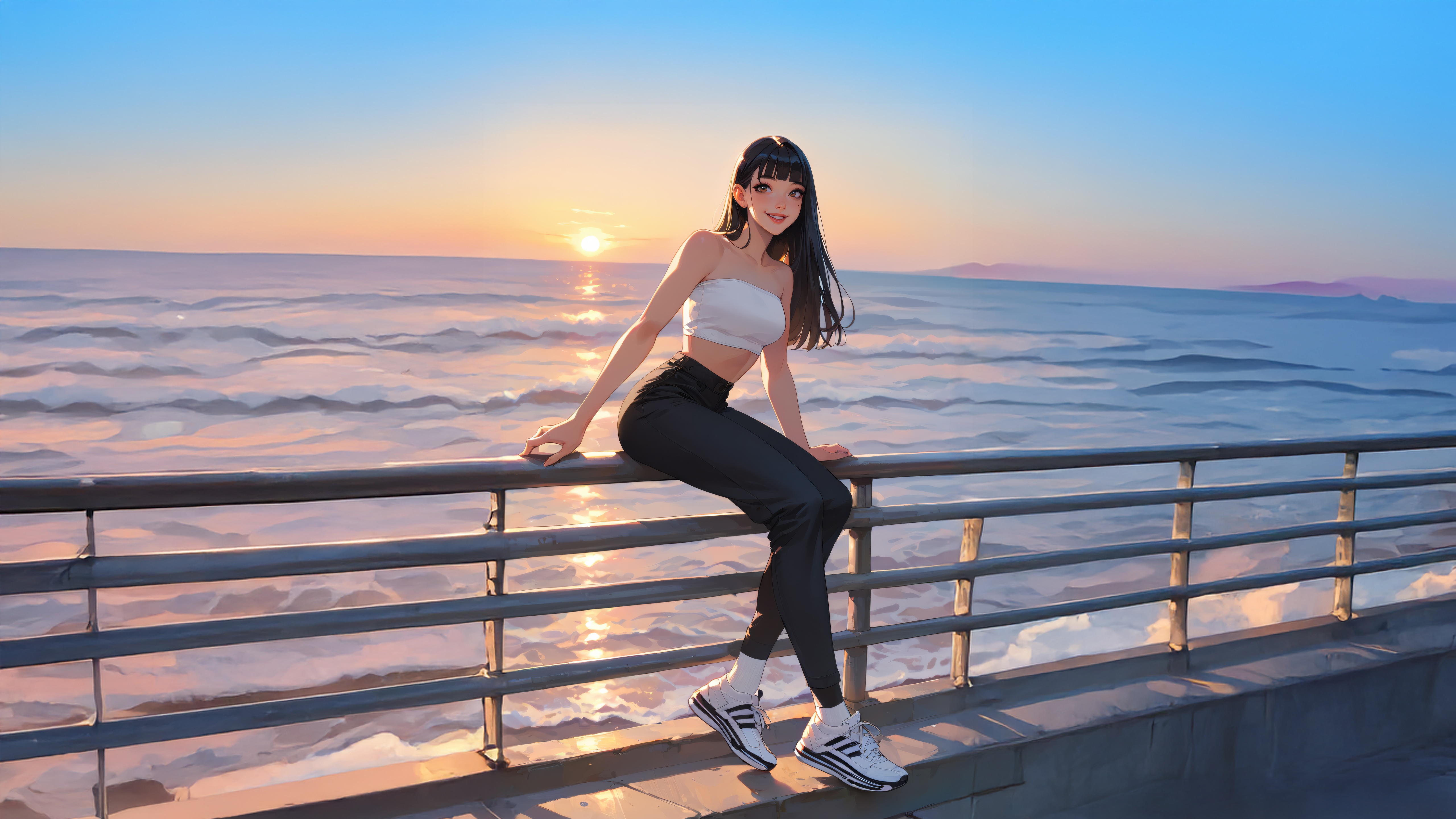 Asian girl sitting on a railing at the beach during sunset HD Wallpaper