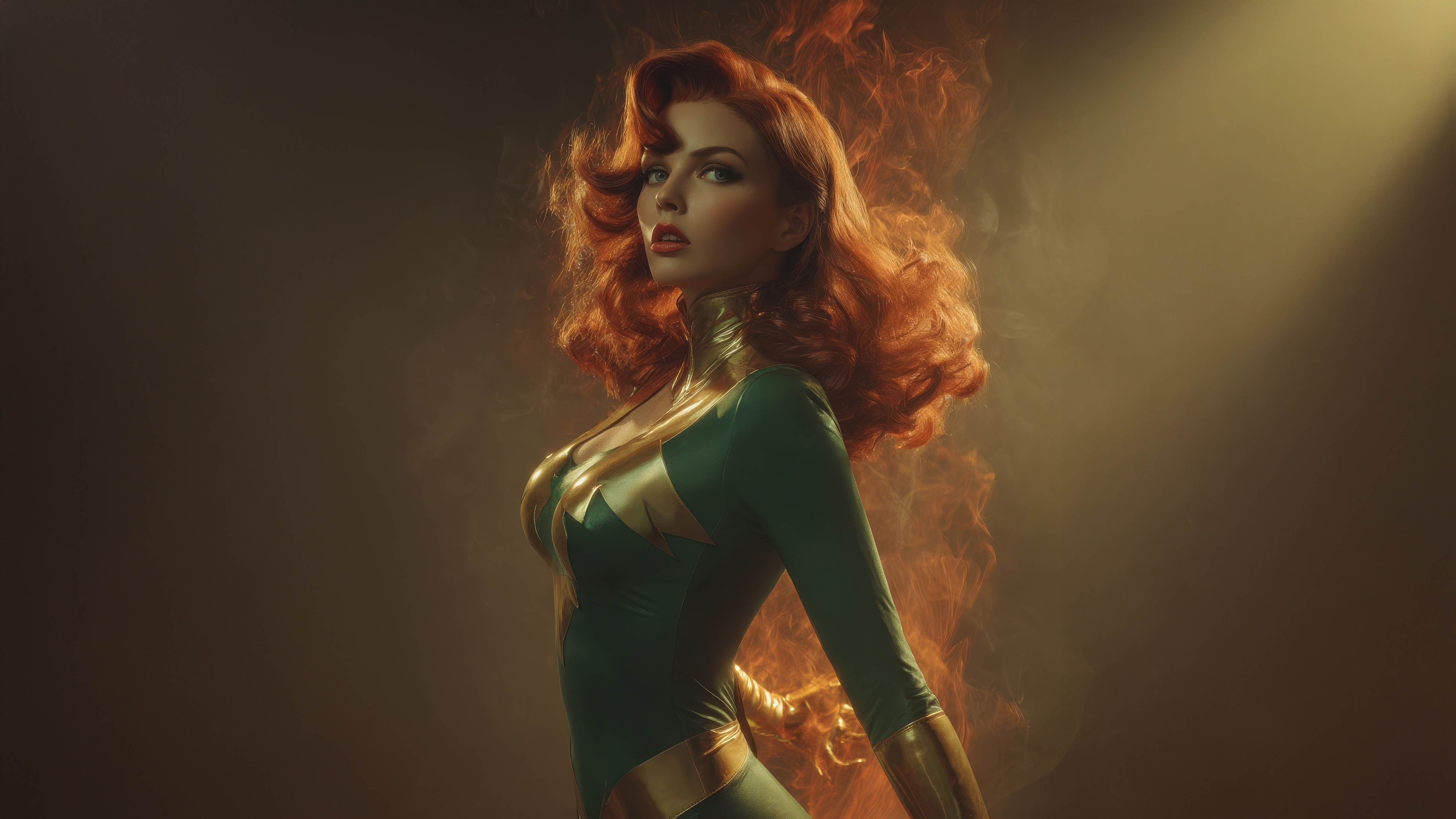 Woman with red hair in a green and gold costume HD Wallpaper