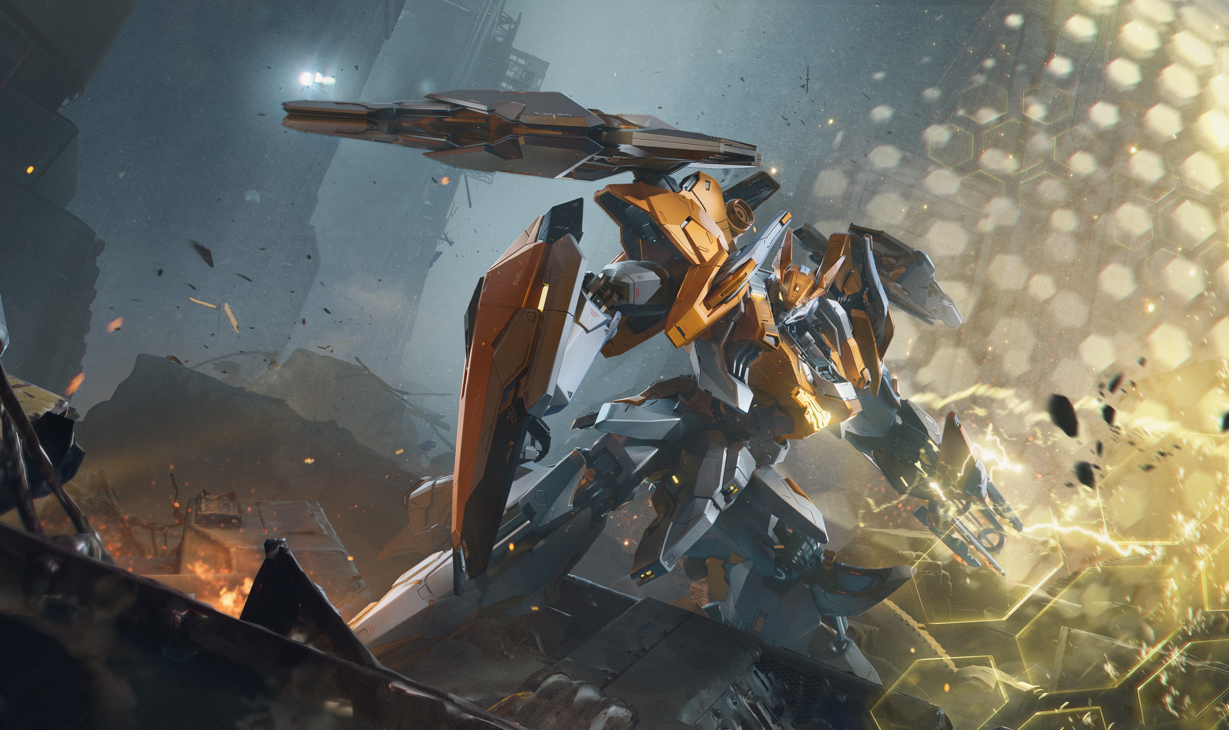 Mecha Break: Orange and gray mech in battle HD Wallpaper