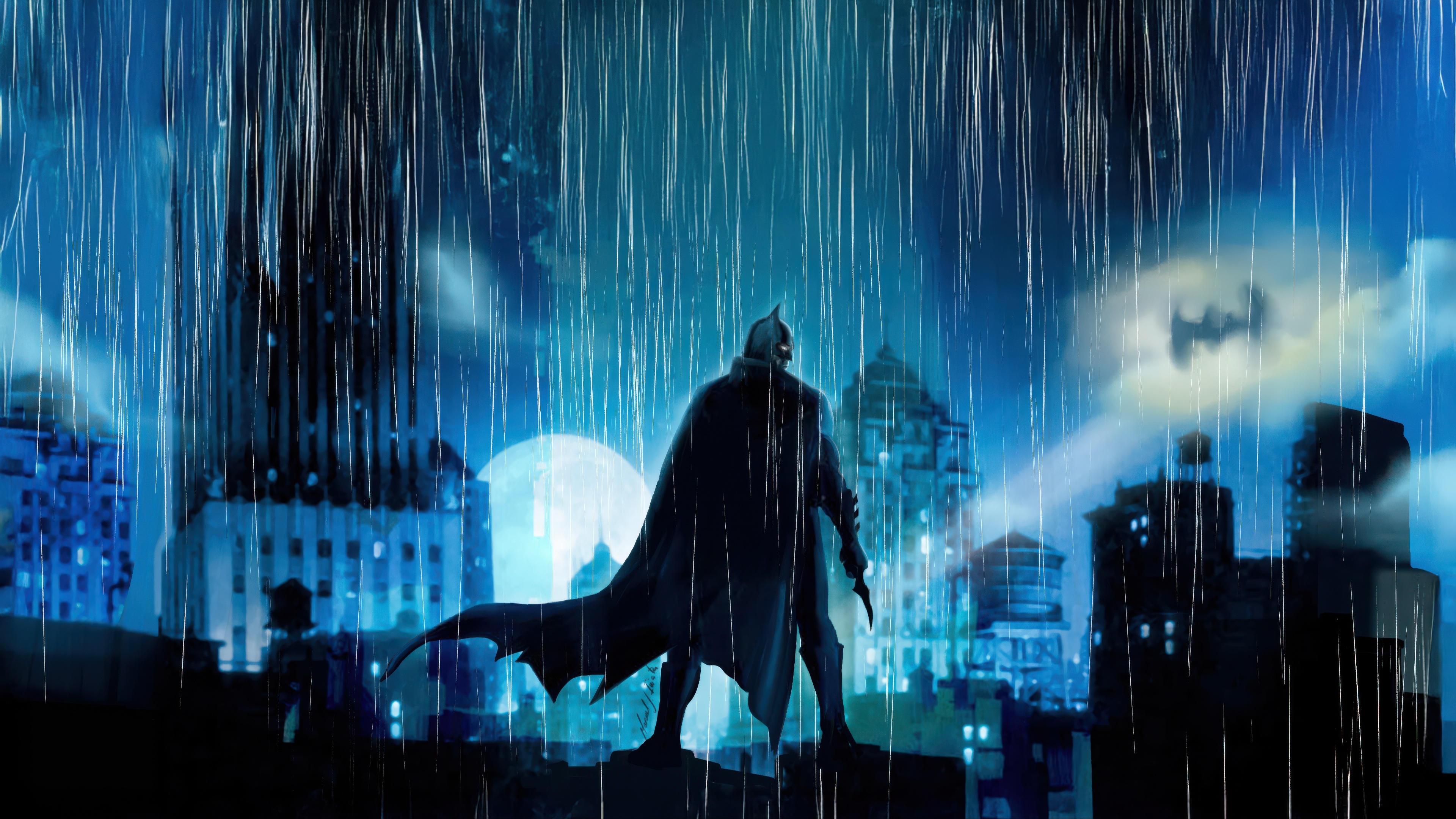 Batman standing on a rooftop in the rain HD Wallpaper