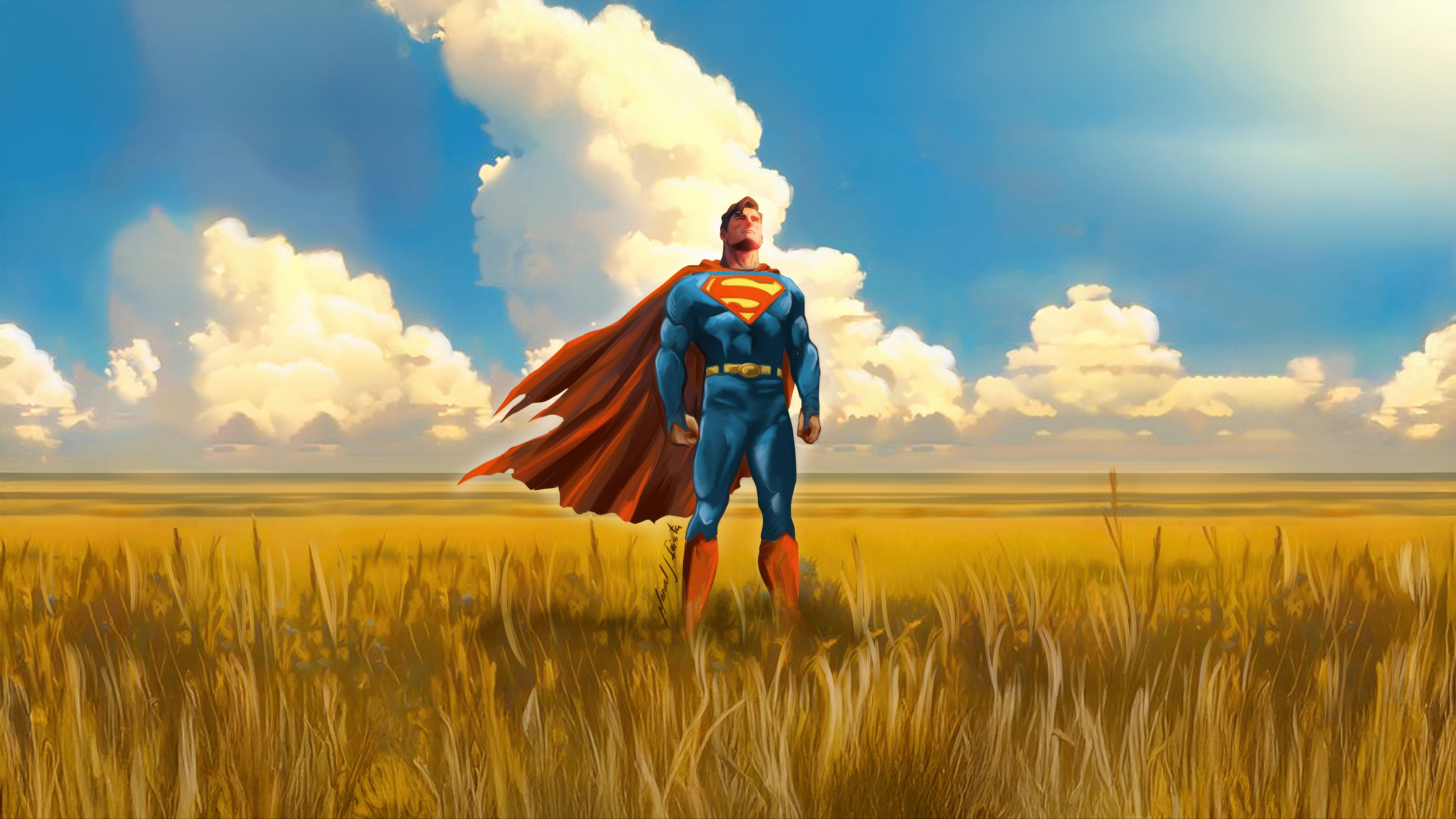 Superman standing in a golden field under a cloudy sky HD Wallpaper