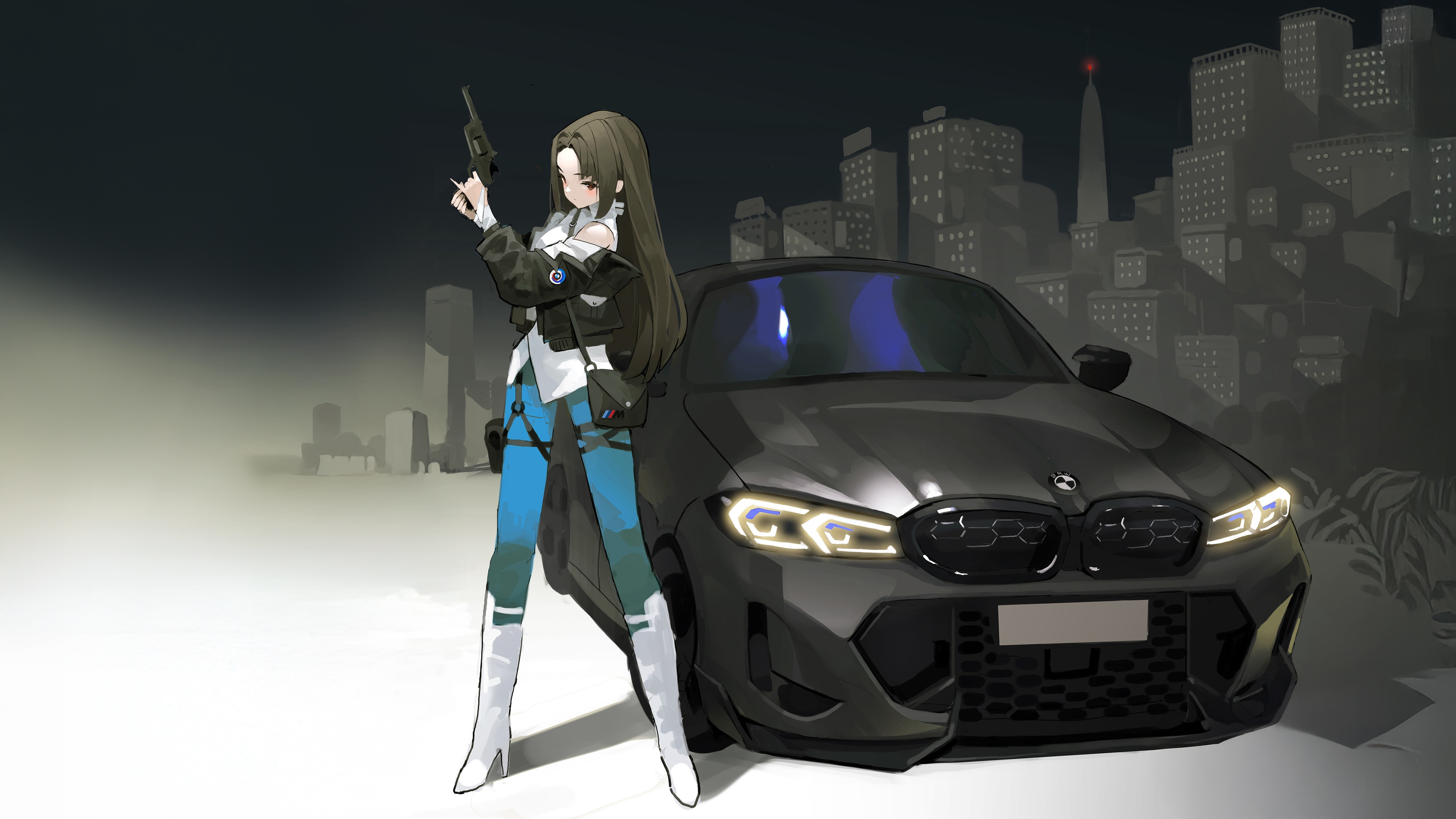 Anime Girl with BMW Supercar in City HD Wallpaper