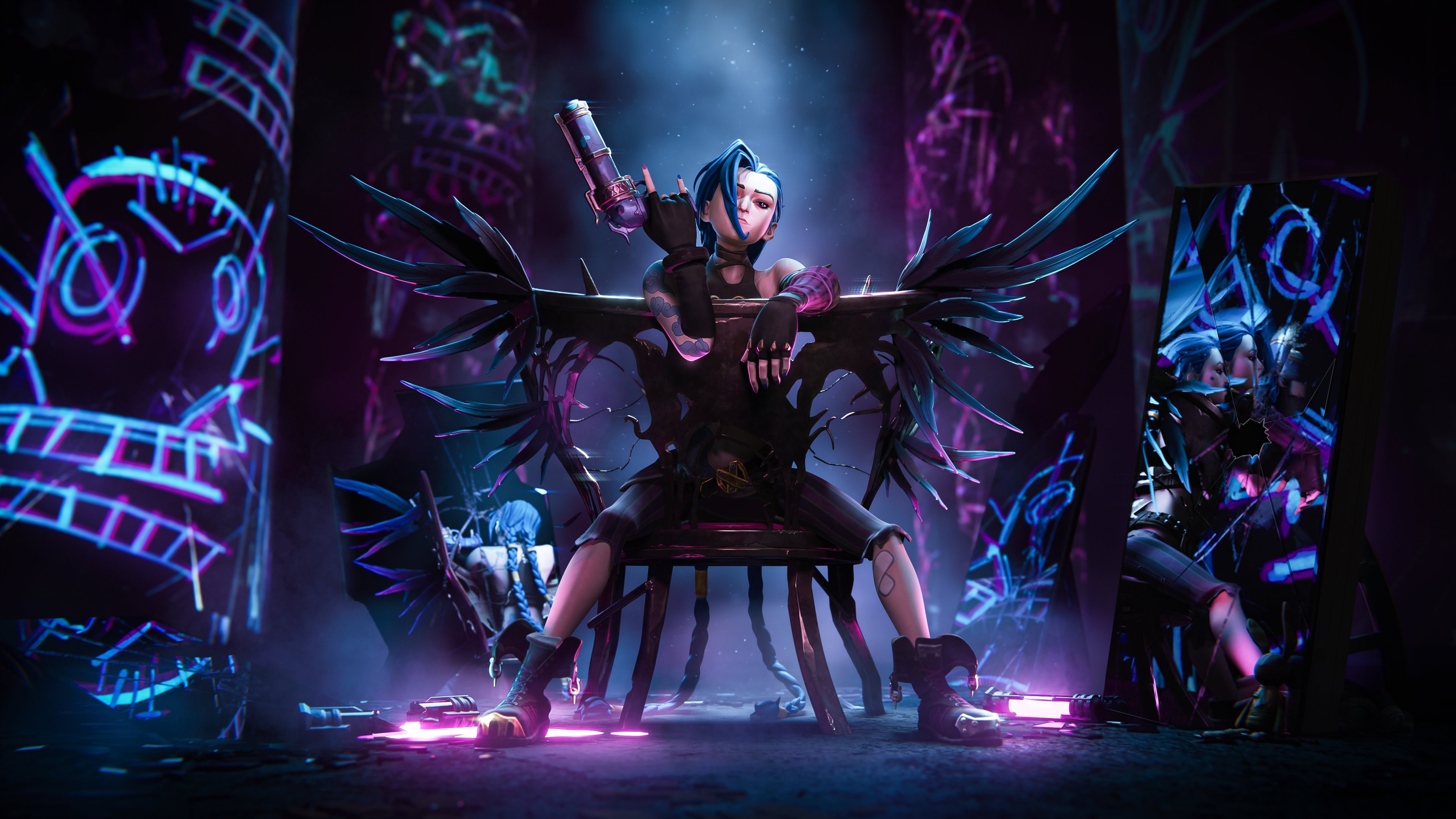 Jinx with wings and gun in a dark room HD Wallpaper