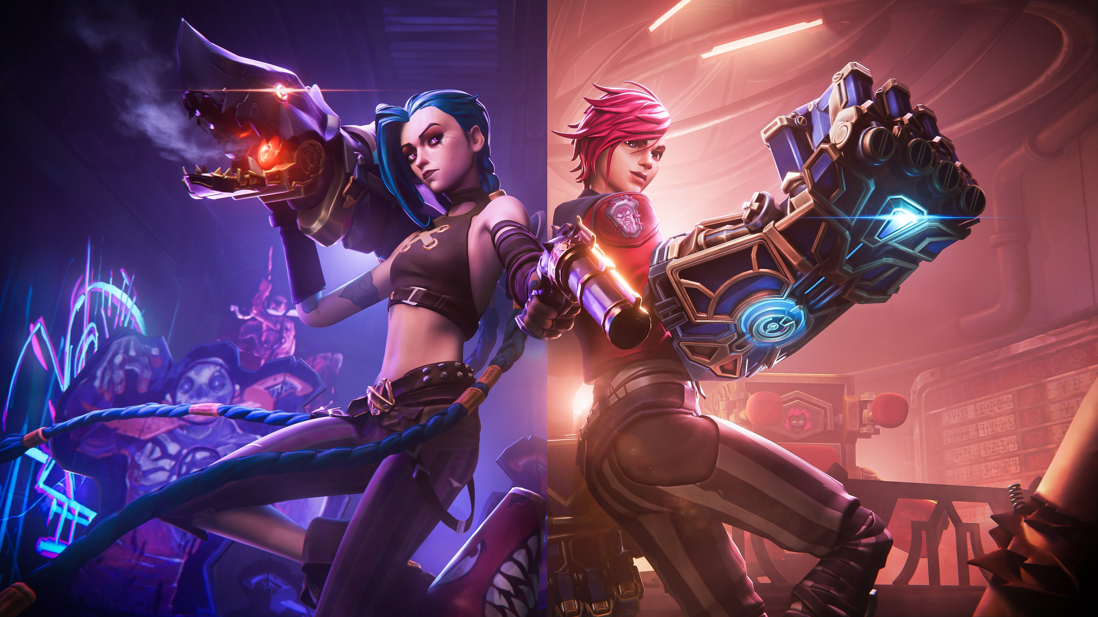 Arcane Jinx and Vi with Weapons HD Wallpaper