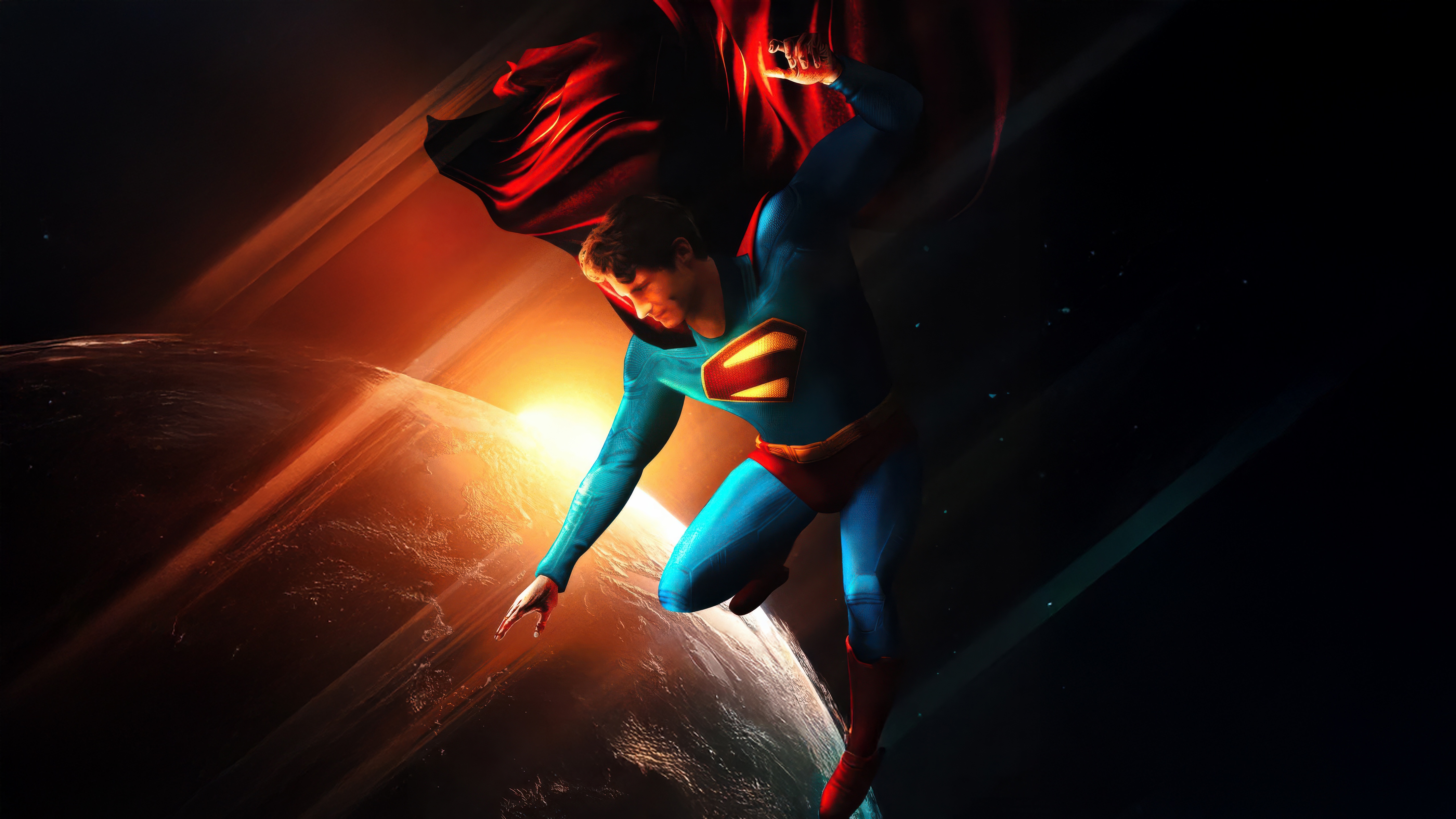 Superman flying over a planet with sun rays HD Wallpaper