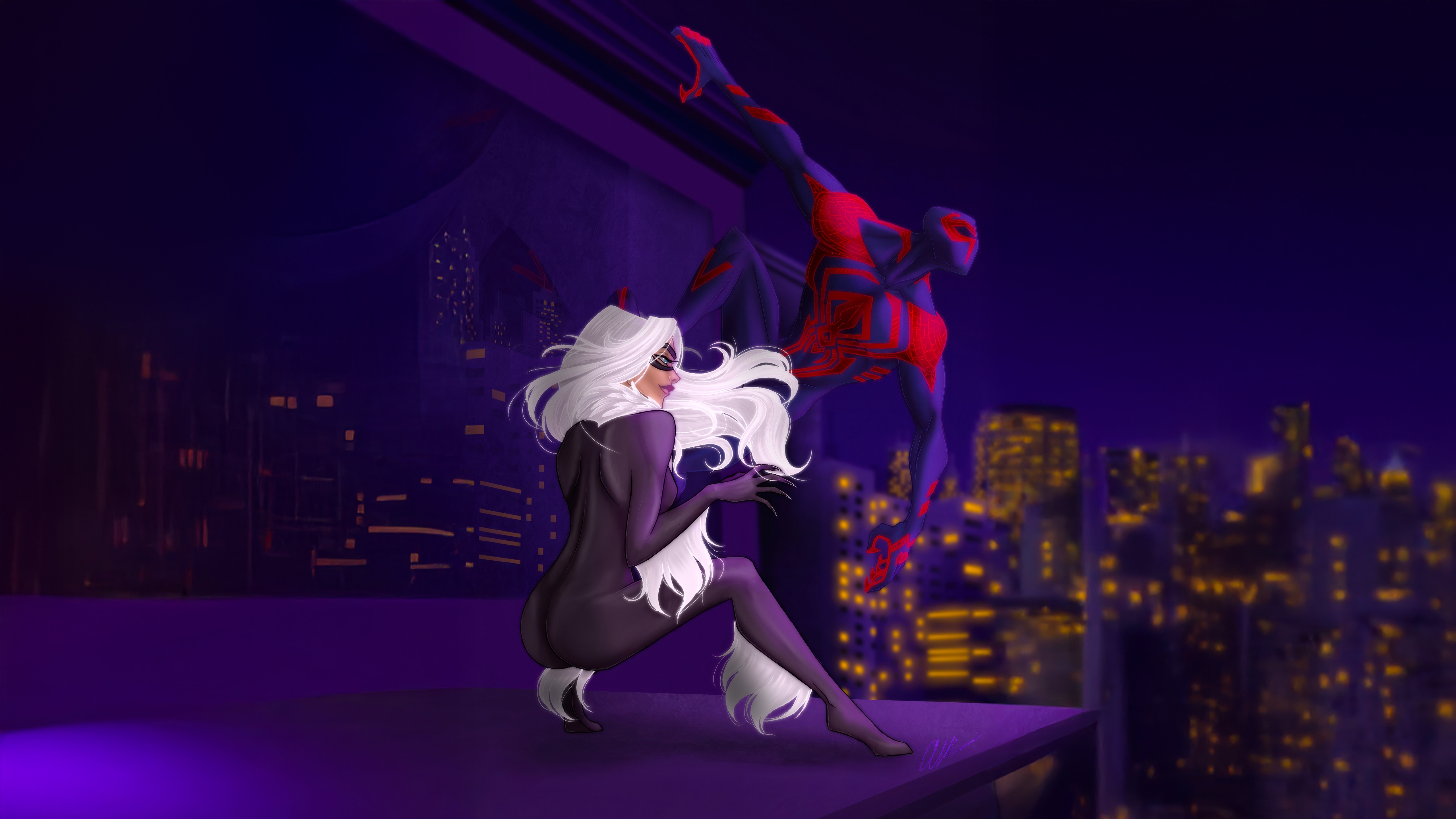 Spider-Man 2099 and Black Cat on a Rooftop HD Wallpaper