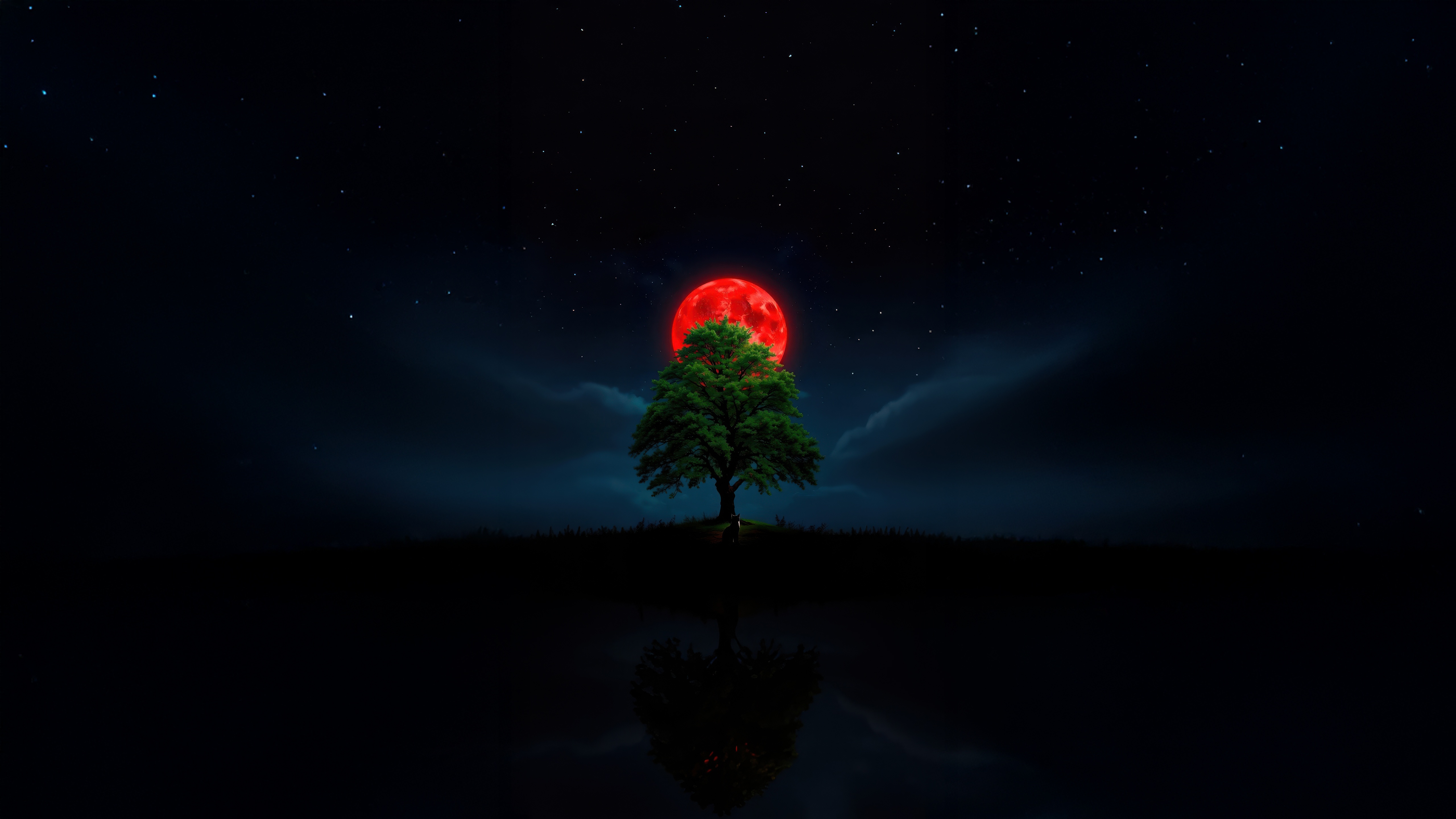 Tree under a red moon at night HD Wallpaper