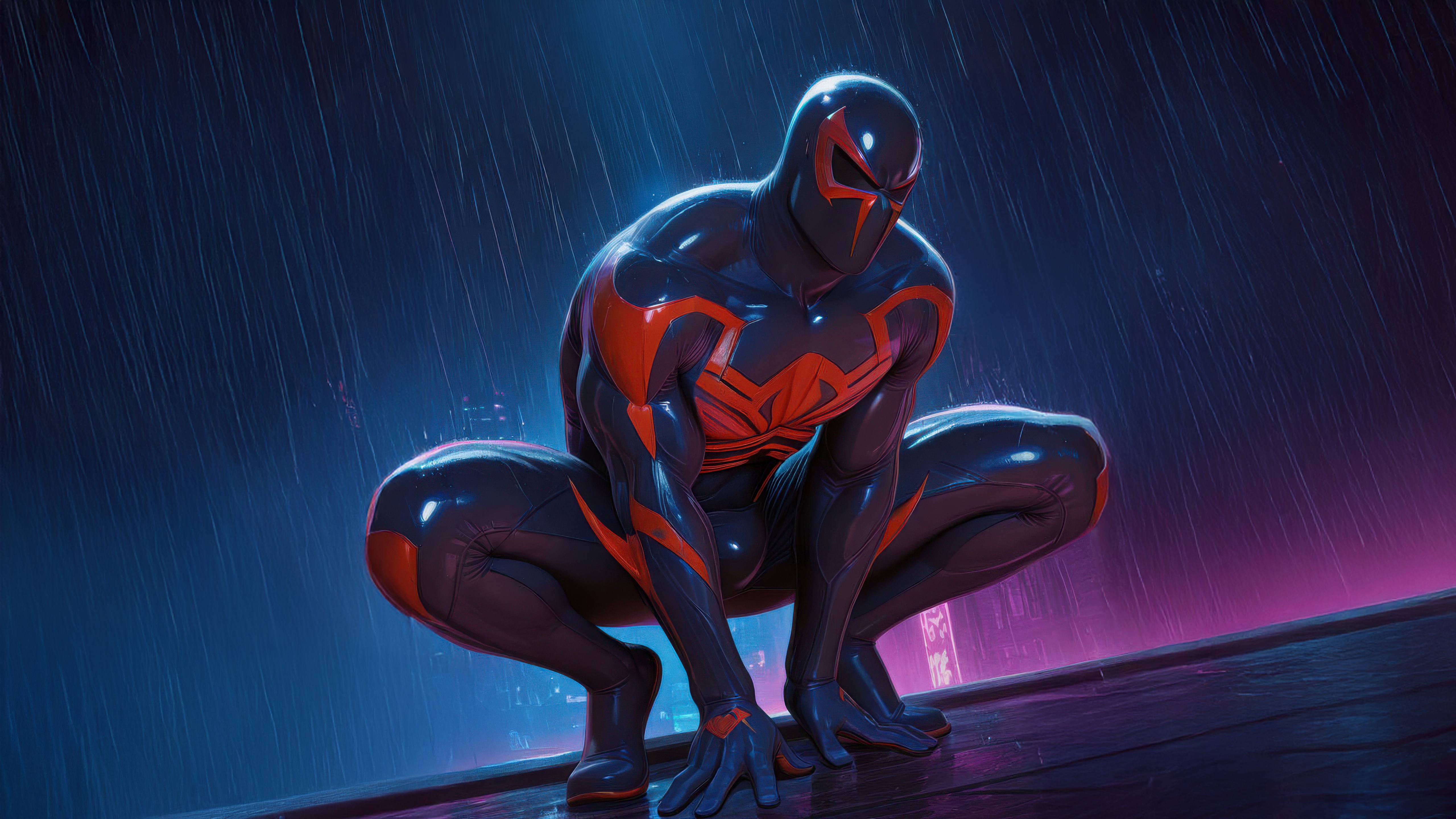 Spider-Man 2099 crouching in the rain HD Wallpaper