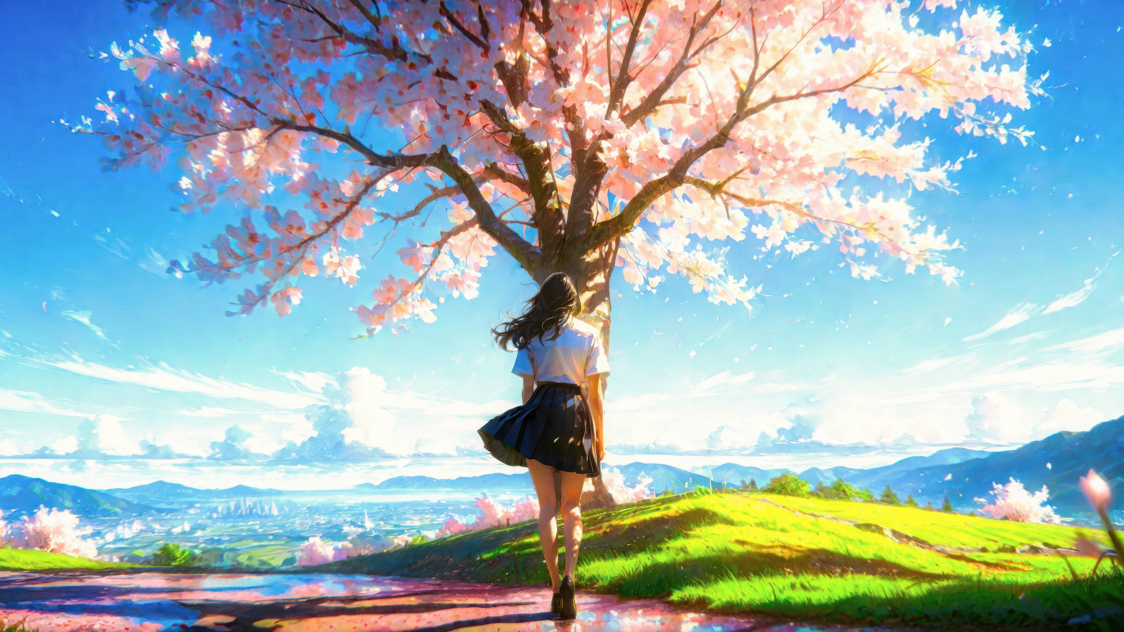 Anime girl walks under a cherry blossom tree HD Wallpaper