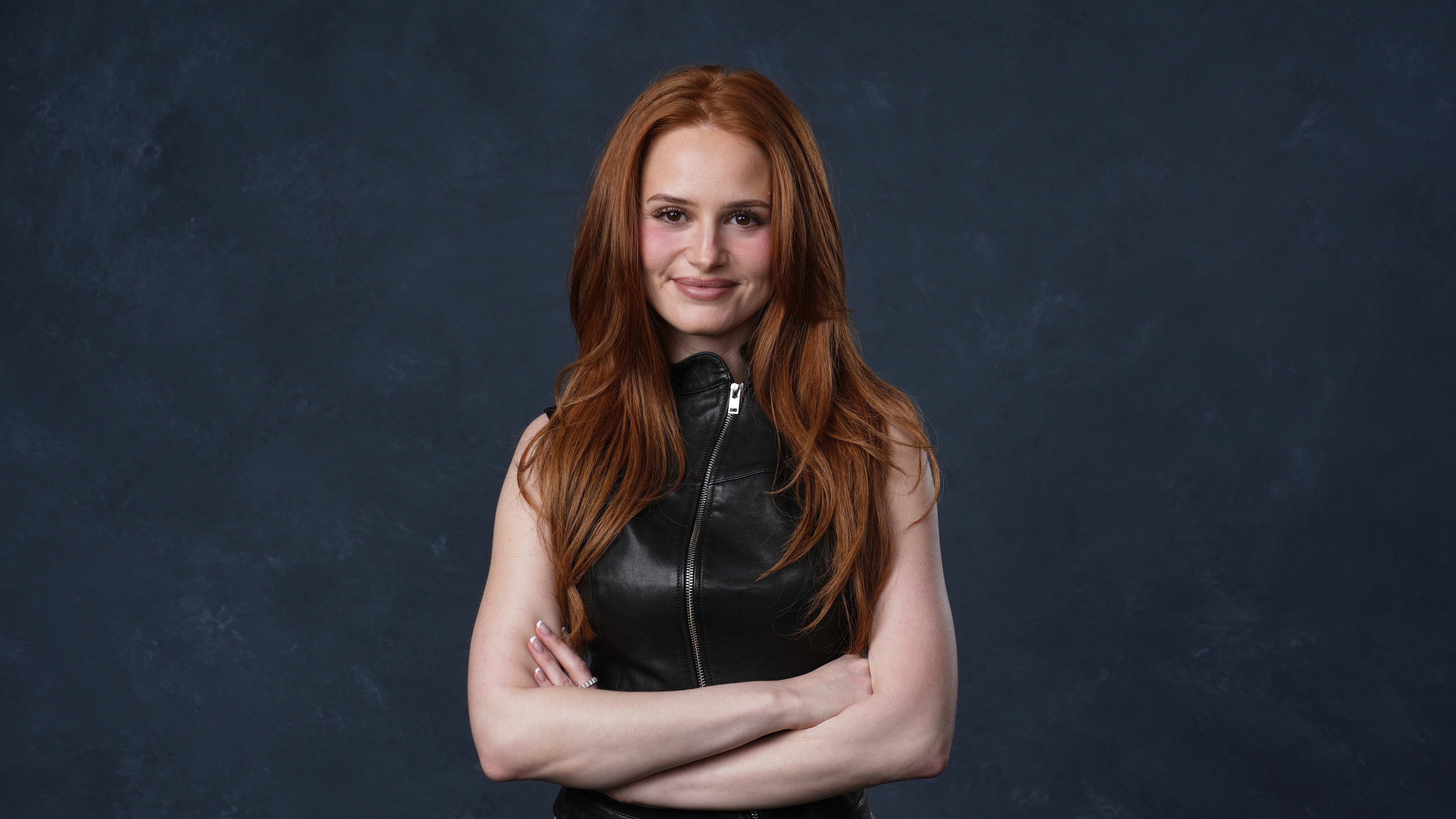 Madelaine Petsch in a black leather vest HD Wallpaper