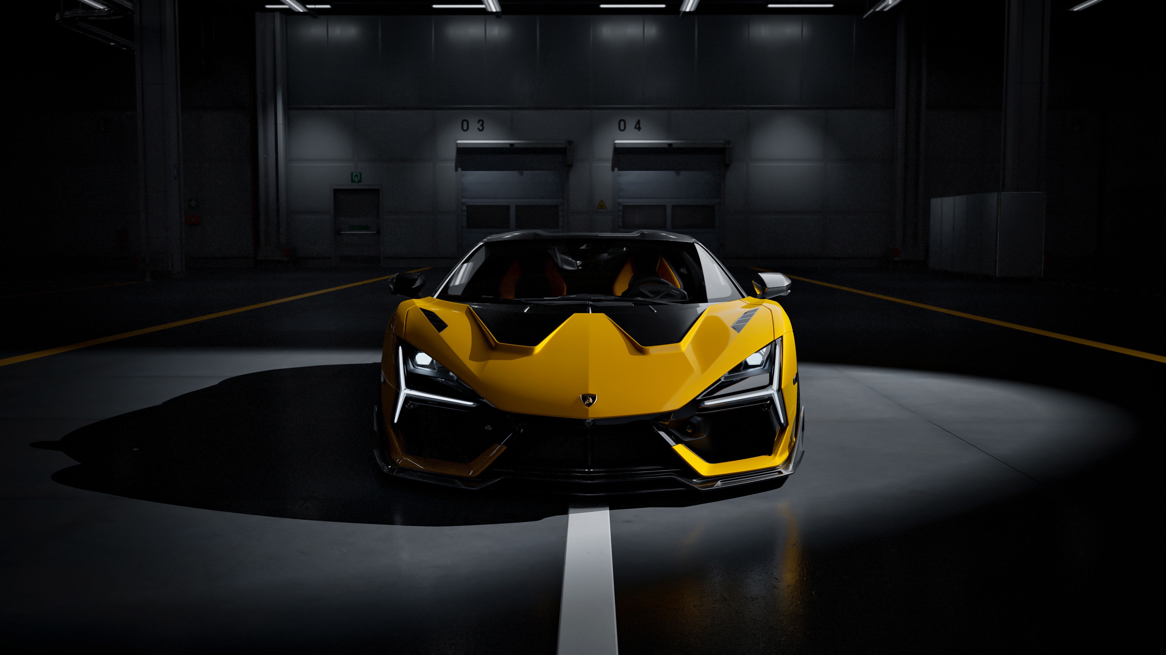 2025 Lamborghini Revuelto in a dark garage HD Wallpaper